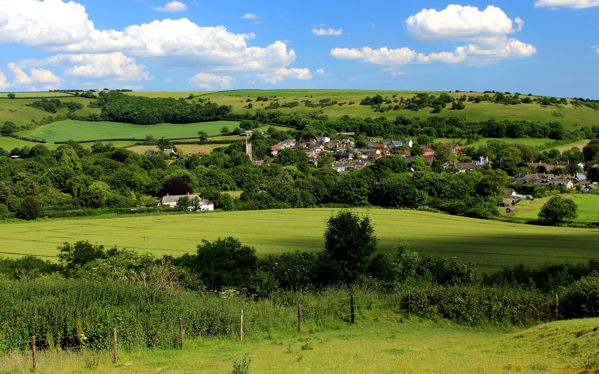 города, -, пейзажи, деревья, cerne, abbas, великобритания, луга, поля