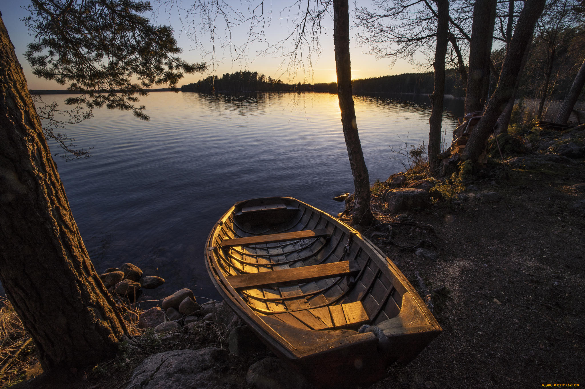 корабли, лодки, , шлюпки, финляндия, деревья, лодка, озеро, закат
