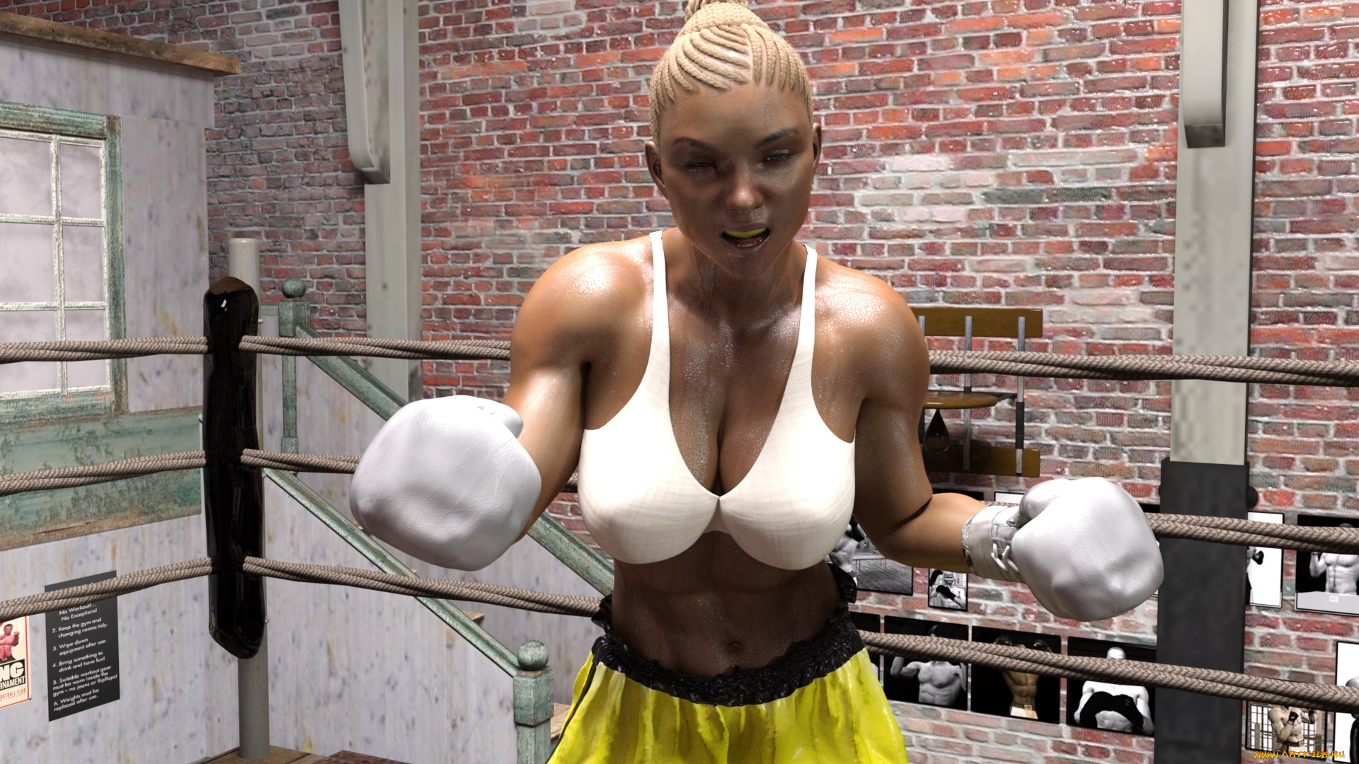 3д, графика, спорт, , sport, бокс, ринг, грудь, фон, взгляд, девушки