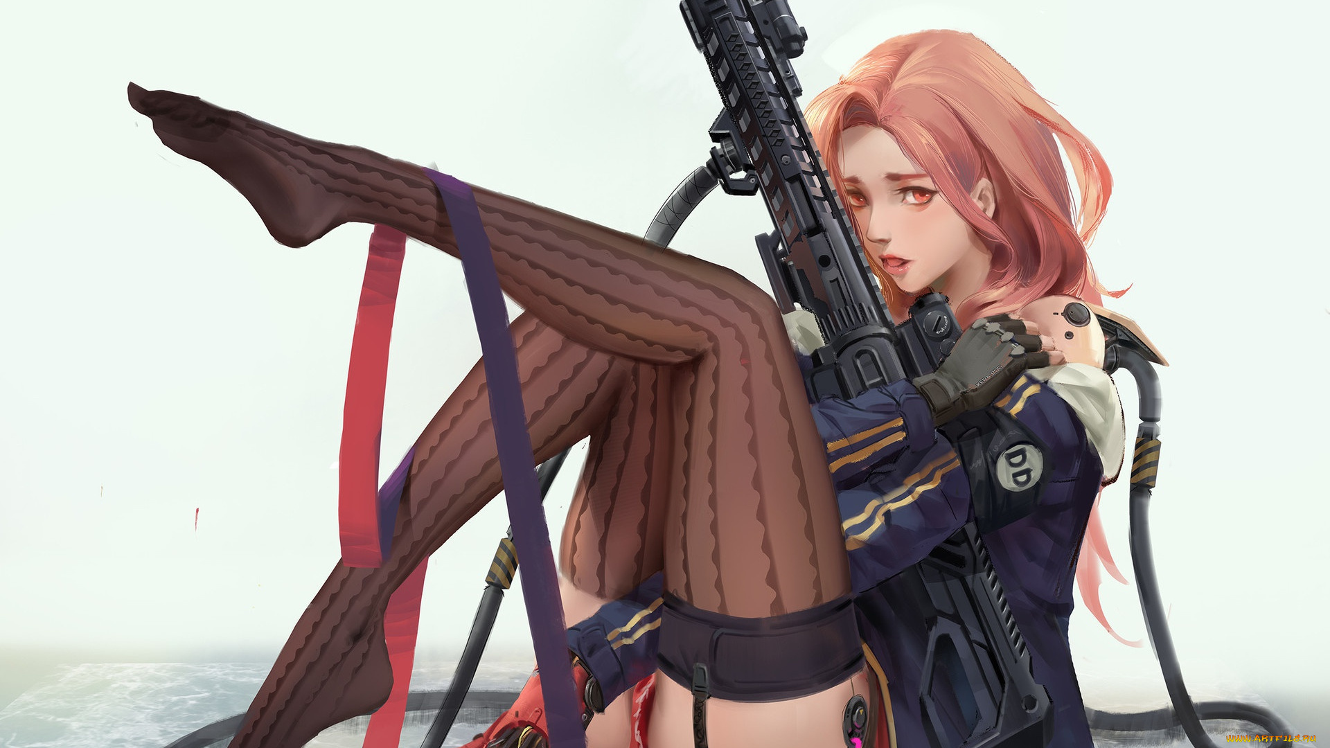 аниме, оружие, , техника, , технологии, эротика, взгляд, девушка, поза, фон, чулки, арт, ножки