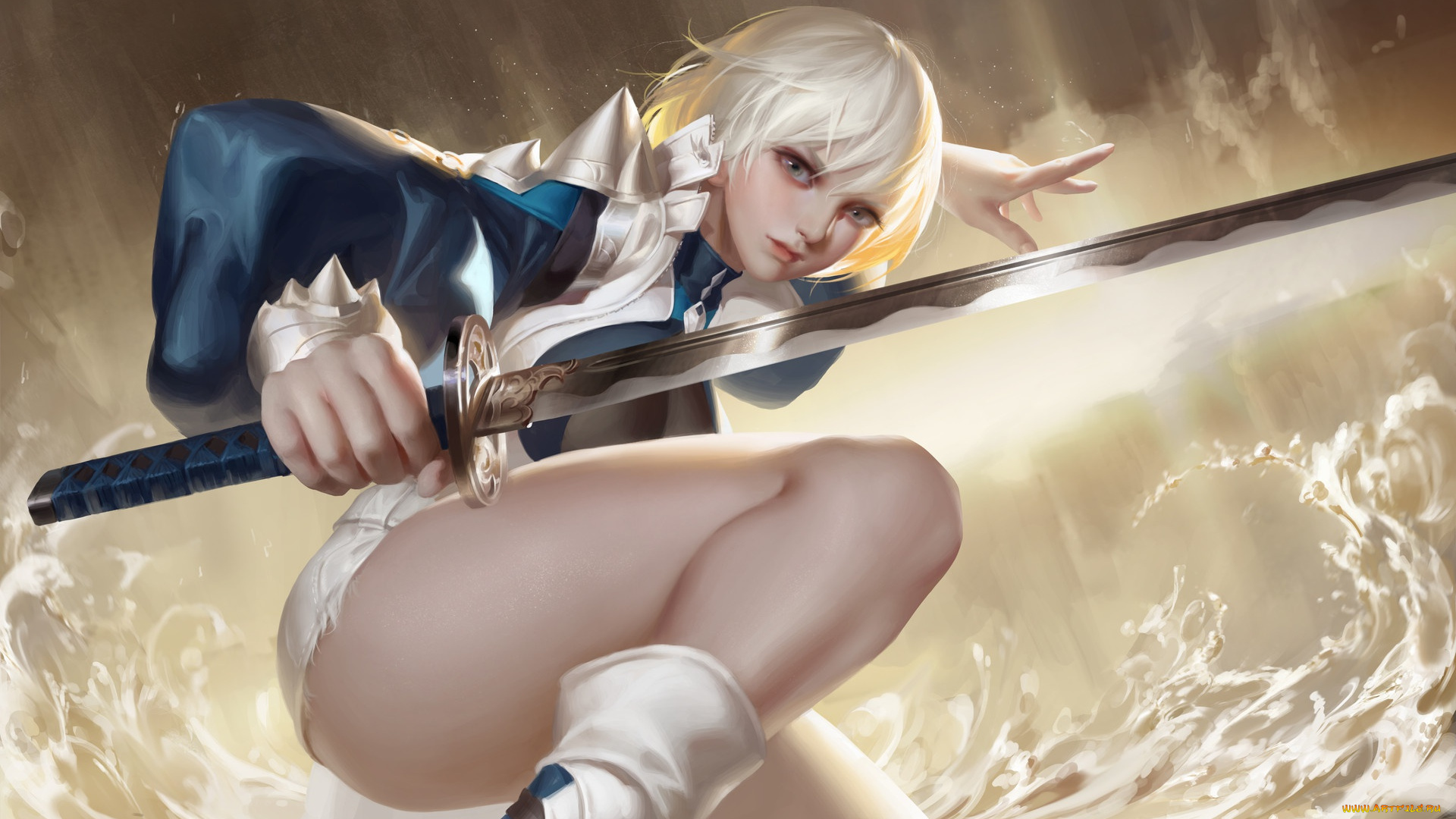 фэнтези, девушки, арт, девушка, поза, оружие, меч, волны, взгляд