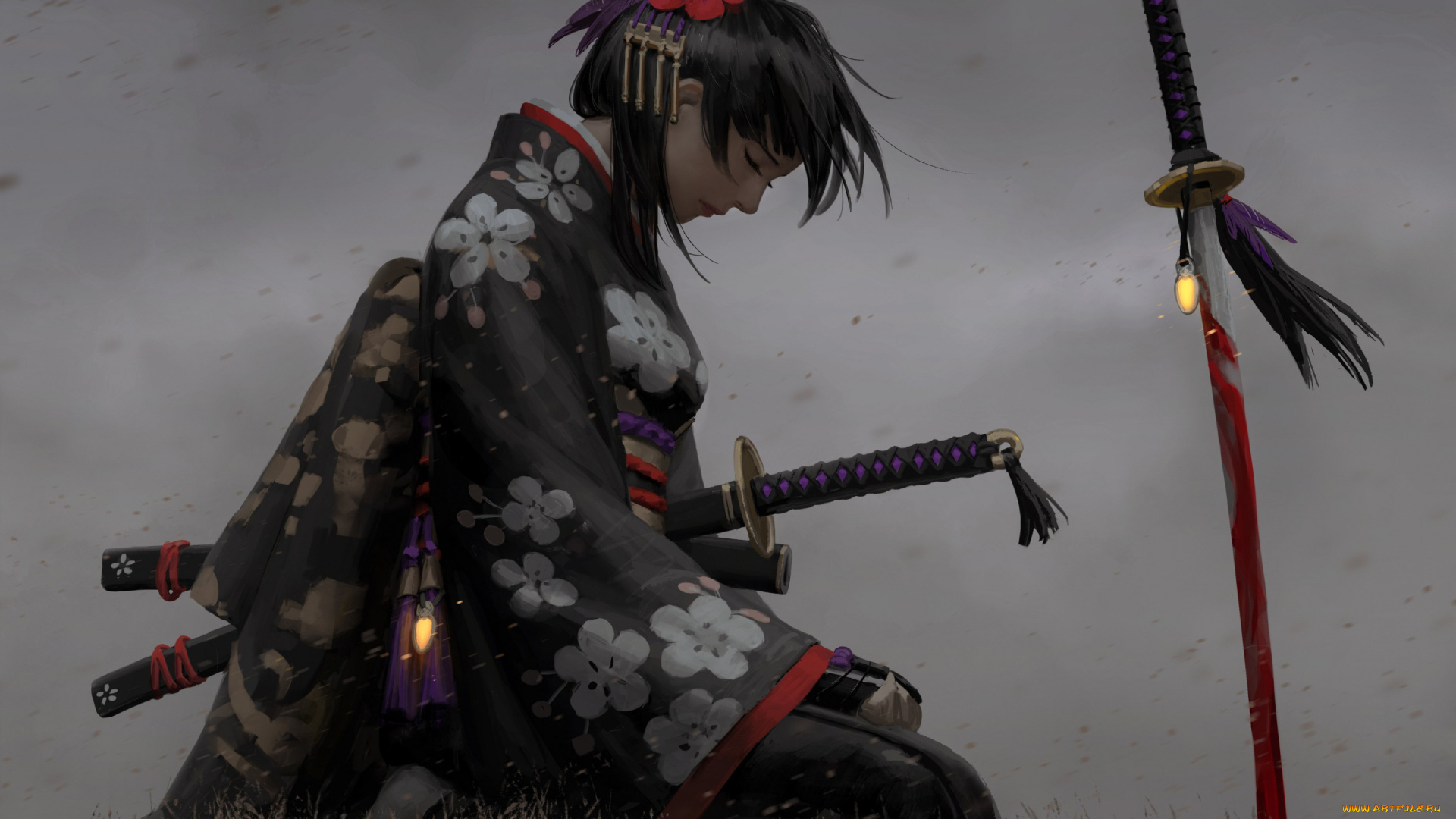 фэнтези, девушки, поза, кимоно, оружие, профиль, арт, японка, украшения, девушка, грусть