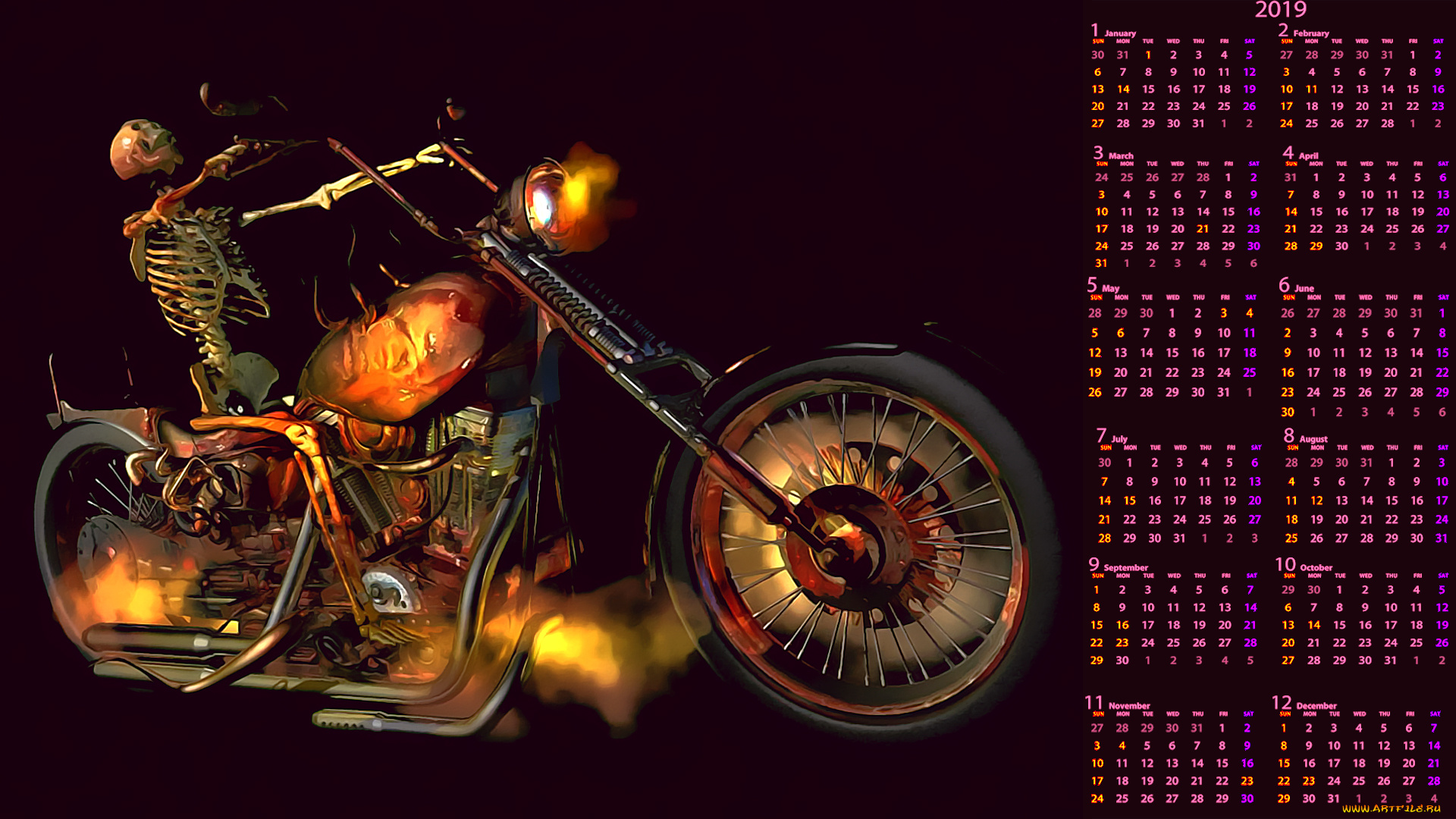 календари, фэнтези, байкер, мотоцикл, скелет