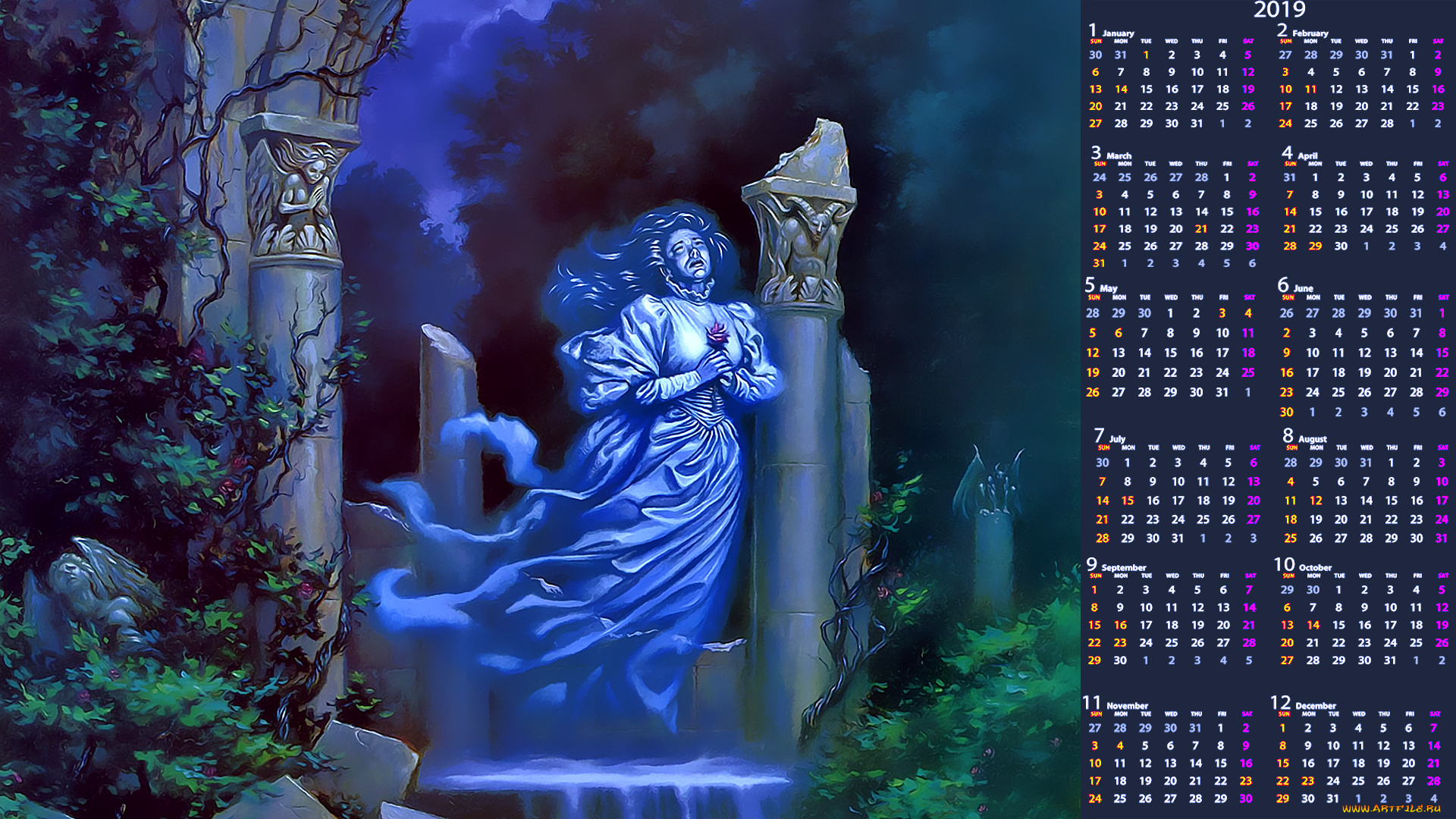 календари, фэнтези, колонна, приведение