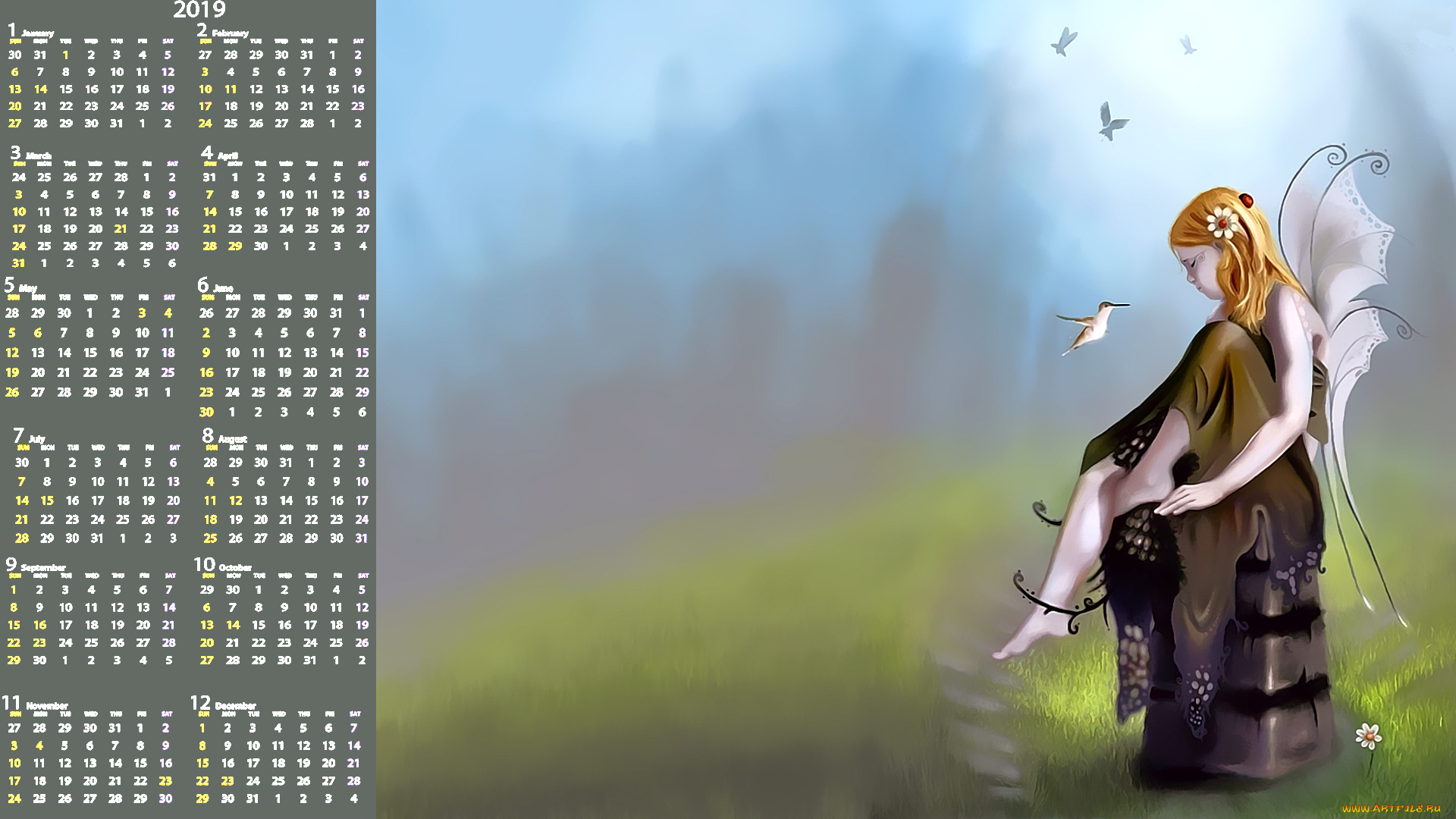 календари, фэнтези, крылья, девочка, птица