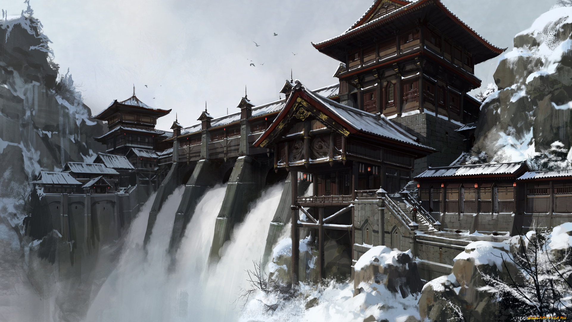 рисованное, города, вода, дамба, фон, дома