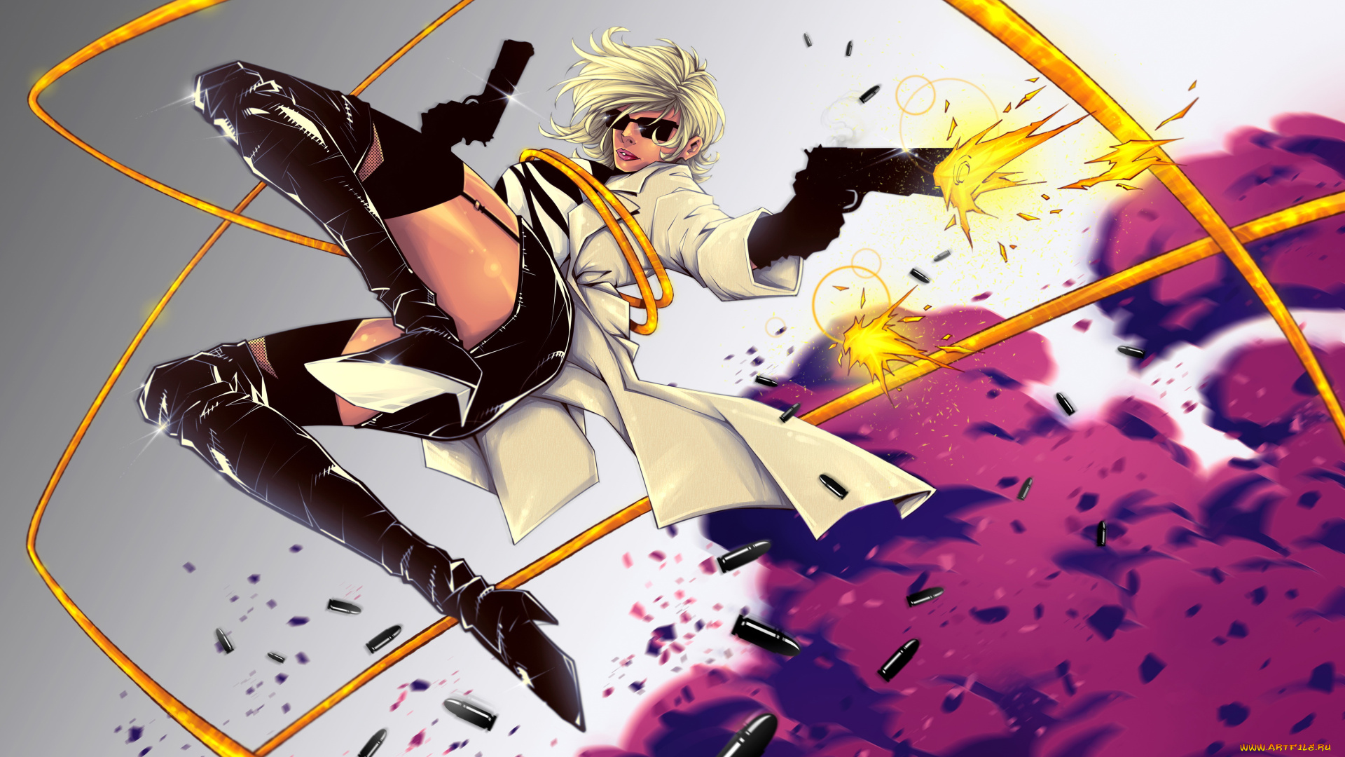 рисованное, кино, плащ, пистолет, девушка, фон, очки