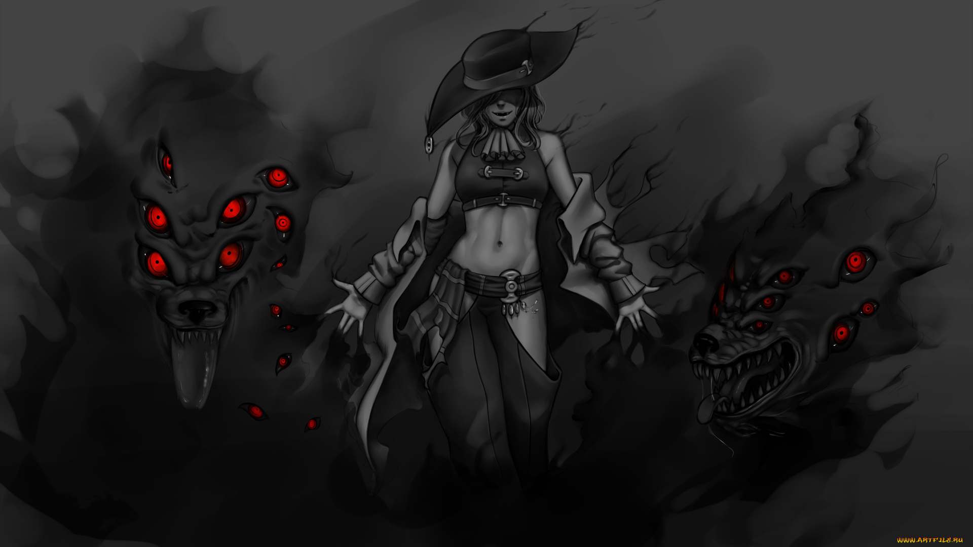 рисованное, комиксы, фон, девушка, униформа, существо