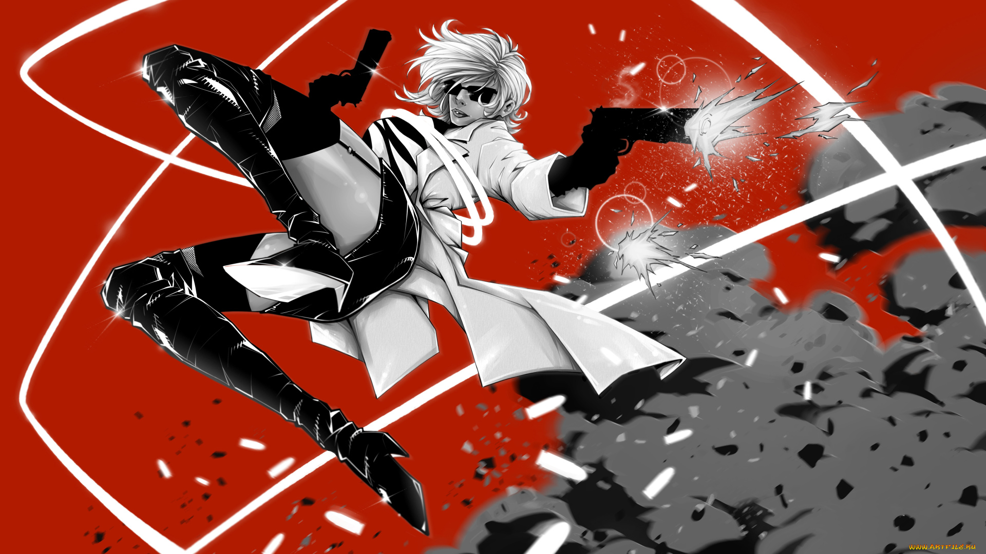 рисованное, комиксы, пистолет, очки, плащ, фон, девушка