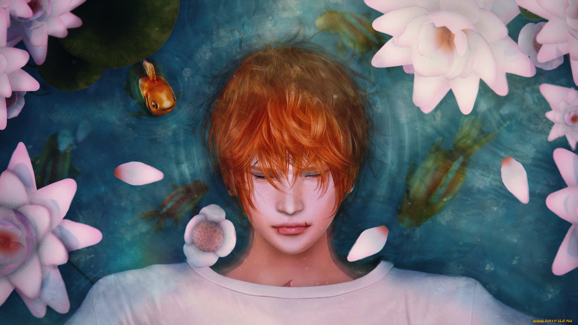 рисованное, люди, лилии, цветы, вода, парень