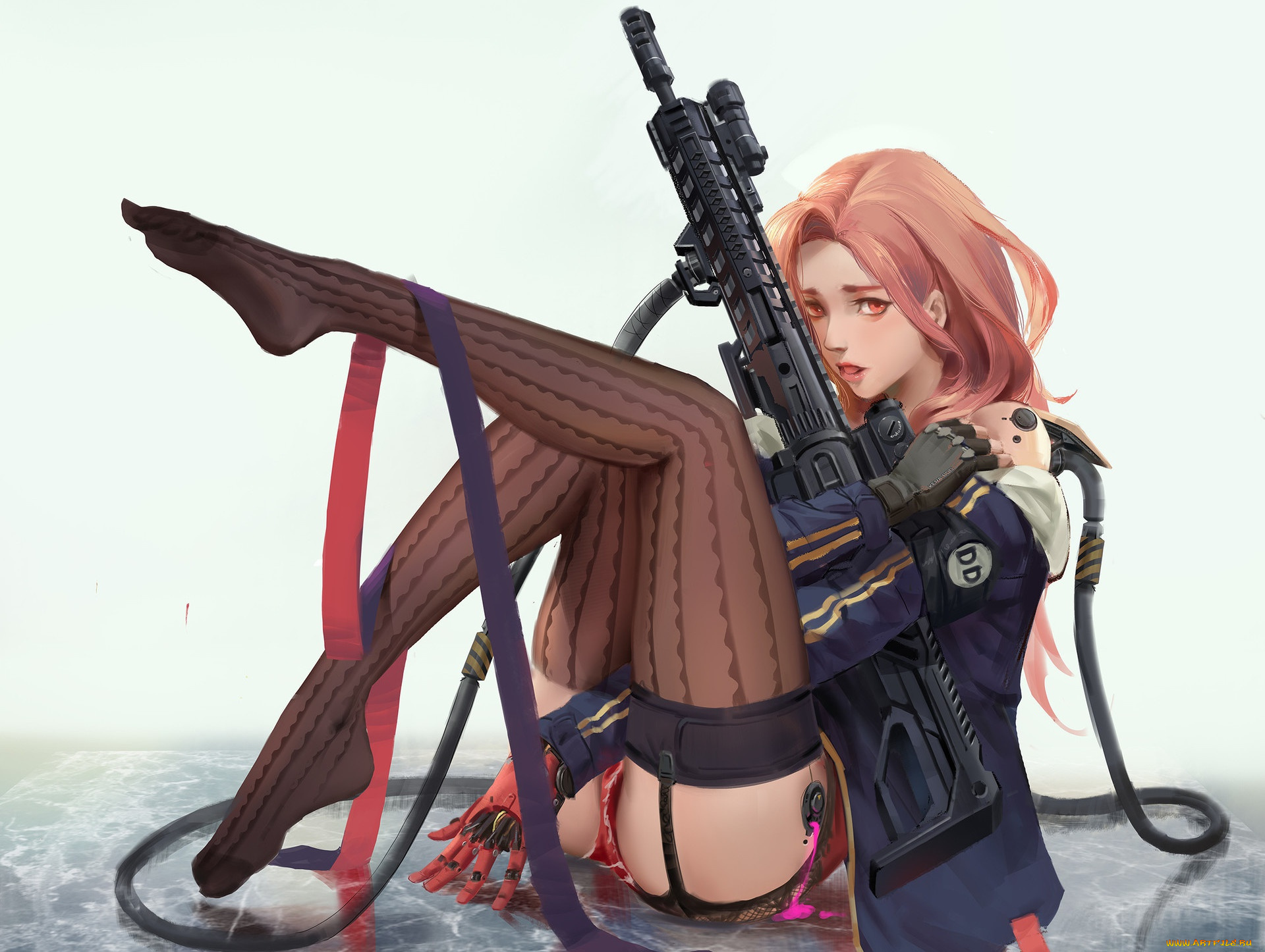 аниме, оружие, , техника, , технологии, эротика, взгляд, девушка, поза, фон, чулки, арт, ножки