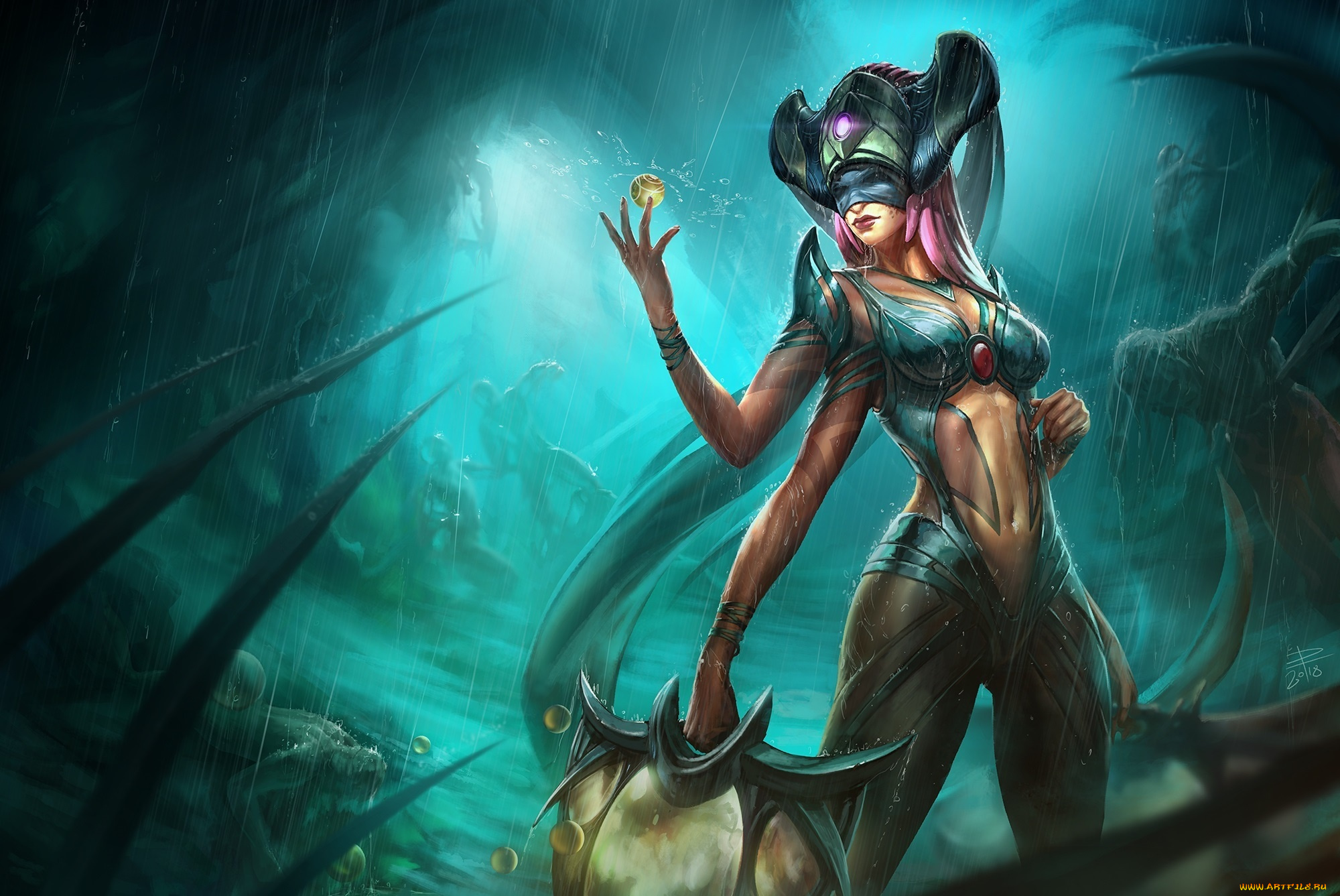 фэнтези, существа, демоница, дождь, взгляд, арт, руки