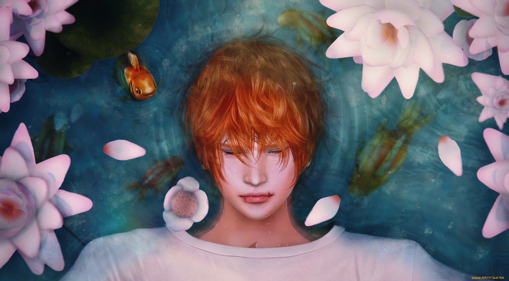 рисованное, люди, лилии, цветы, вода, парень