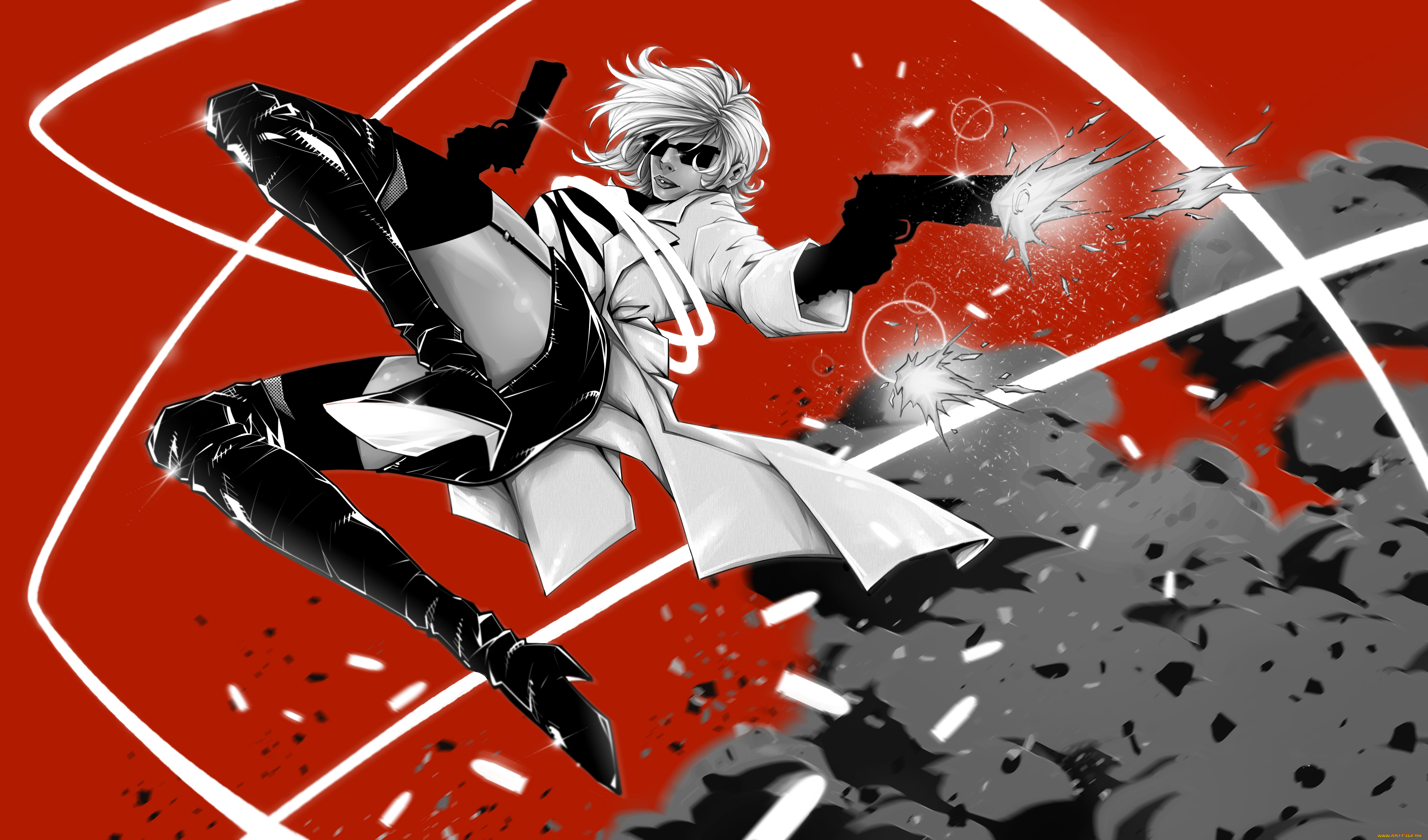 рисованное, комиксы, пистолет, очки, плащ, фон, девушка