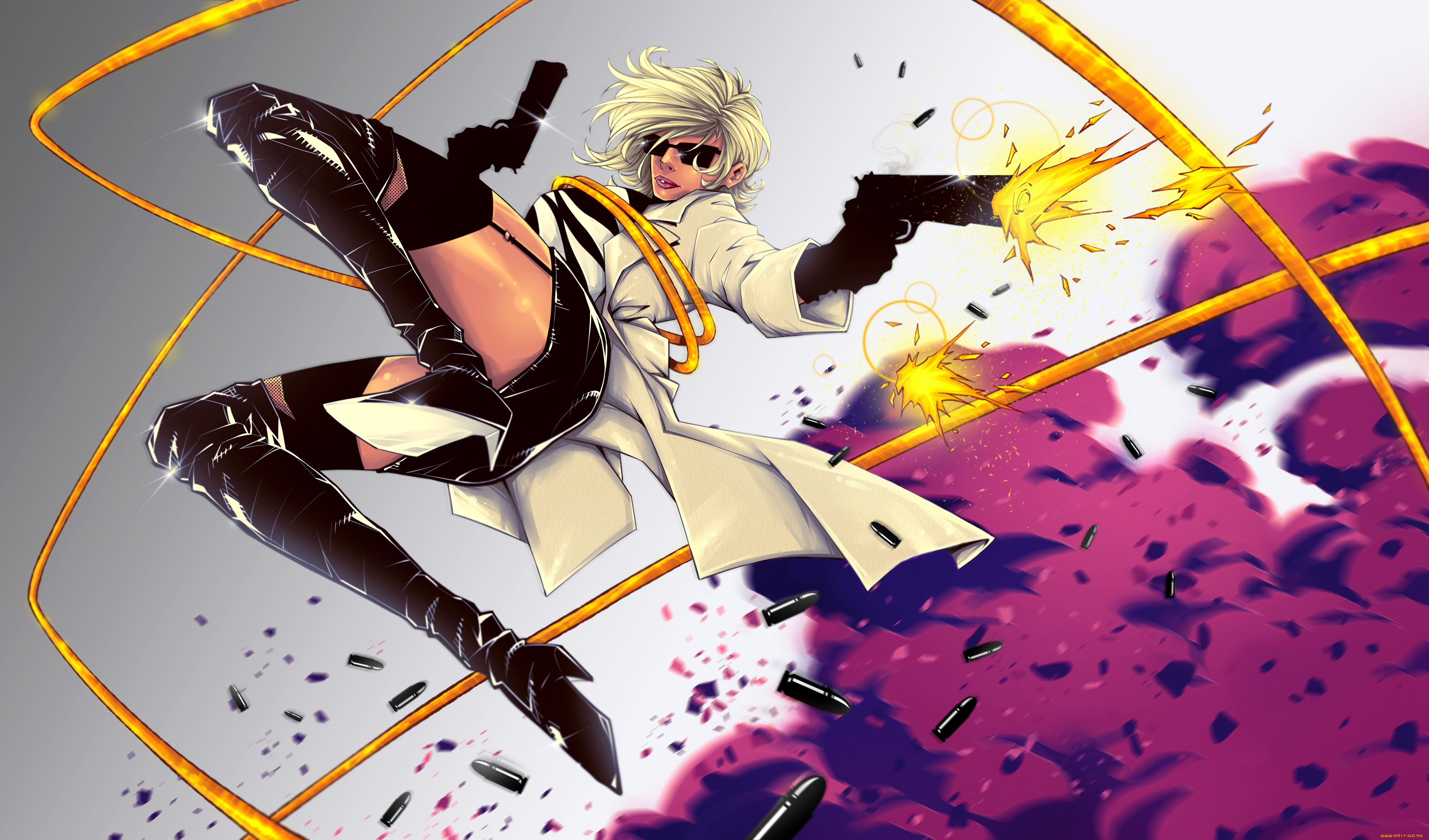 рисованное, кино, плащ, пистолет, девушка, фон, очки