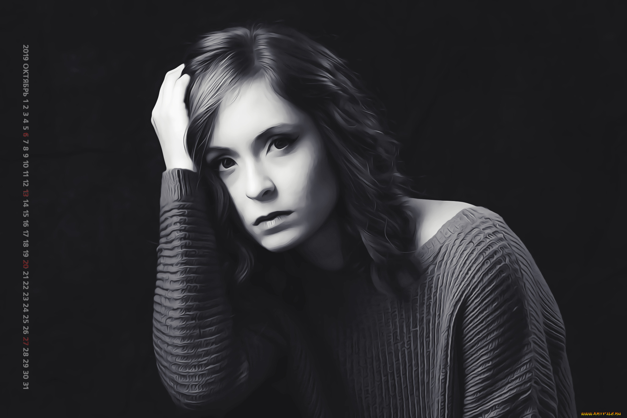 календари, компьютерный, дизайн, 2019, поза, взгляд, девушка, фон, черный, calendar, женщина