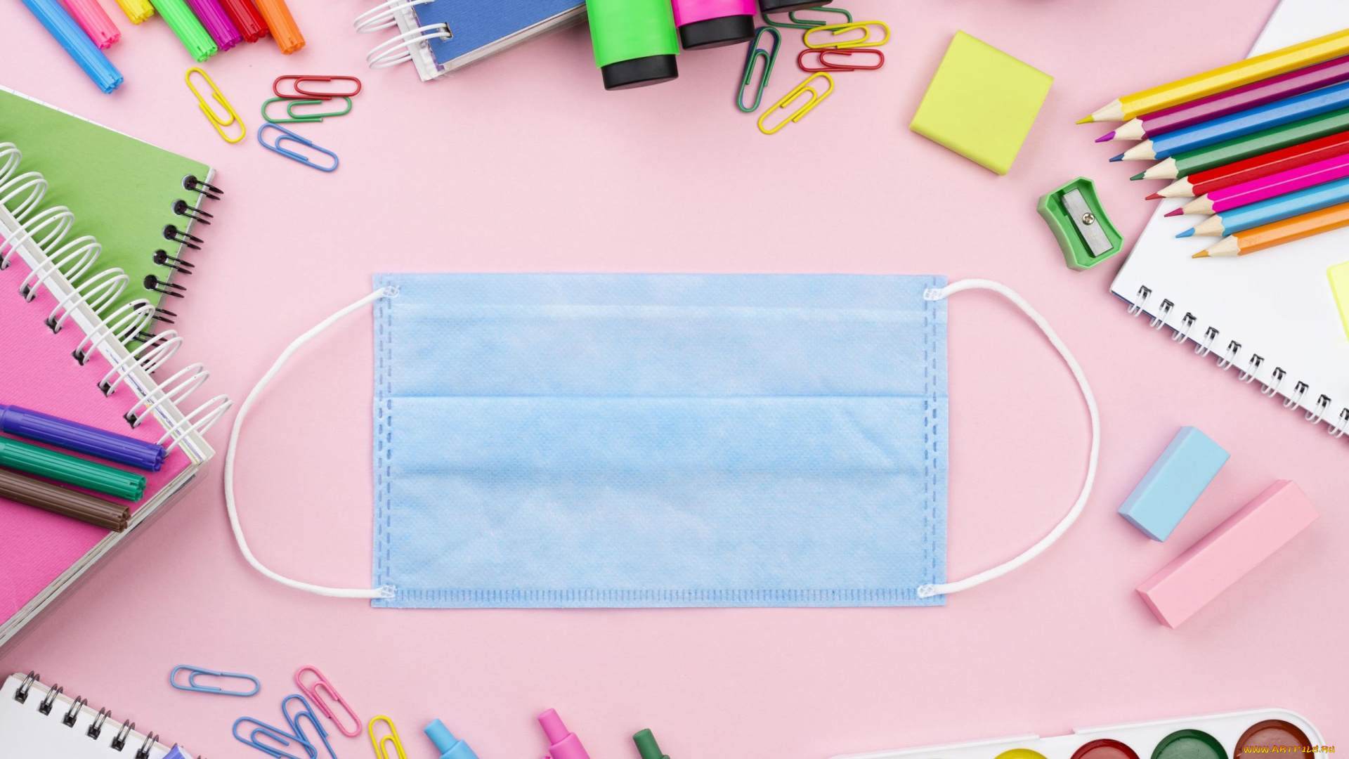 разное, канцелярия, , книги, карандаши, тетради, краски, маска