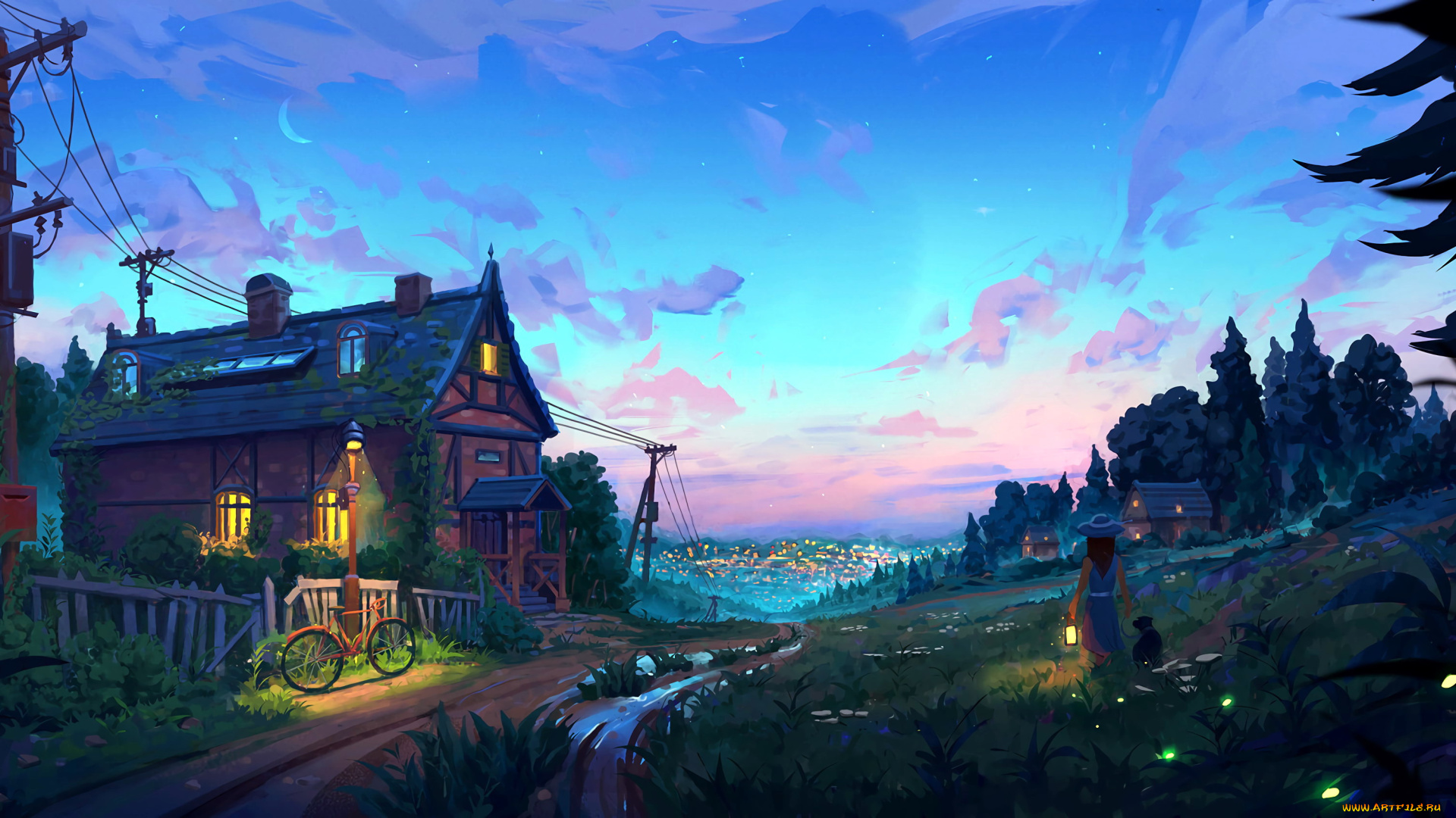 рисованное, денис, истомин, деревня, дорога, огни, девочка