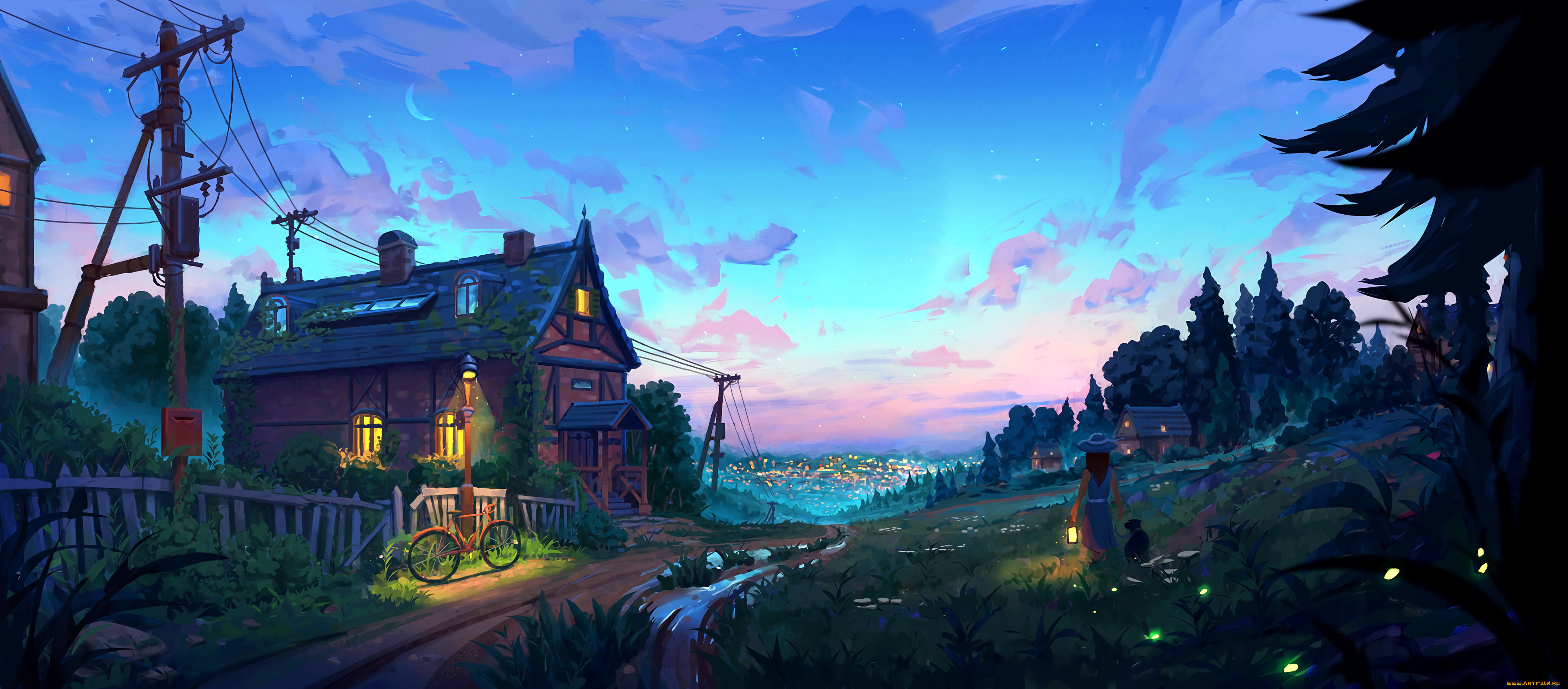 рисованное, денис, истомин, деревня, дорога, огни, девочка