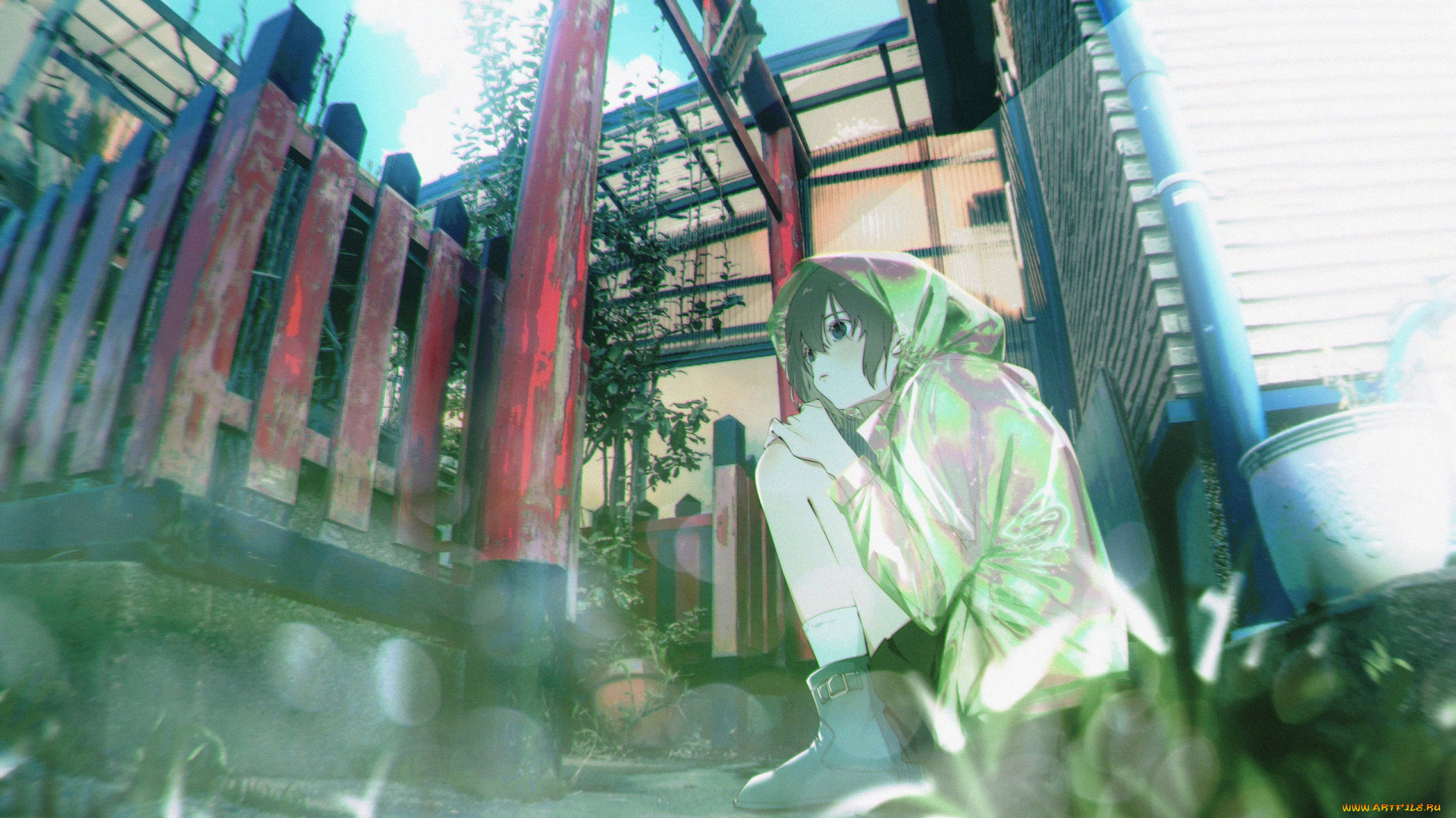 аниме, unknown, , другое, , девочка, плащ, здание, забор