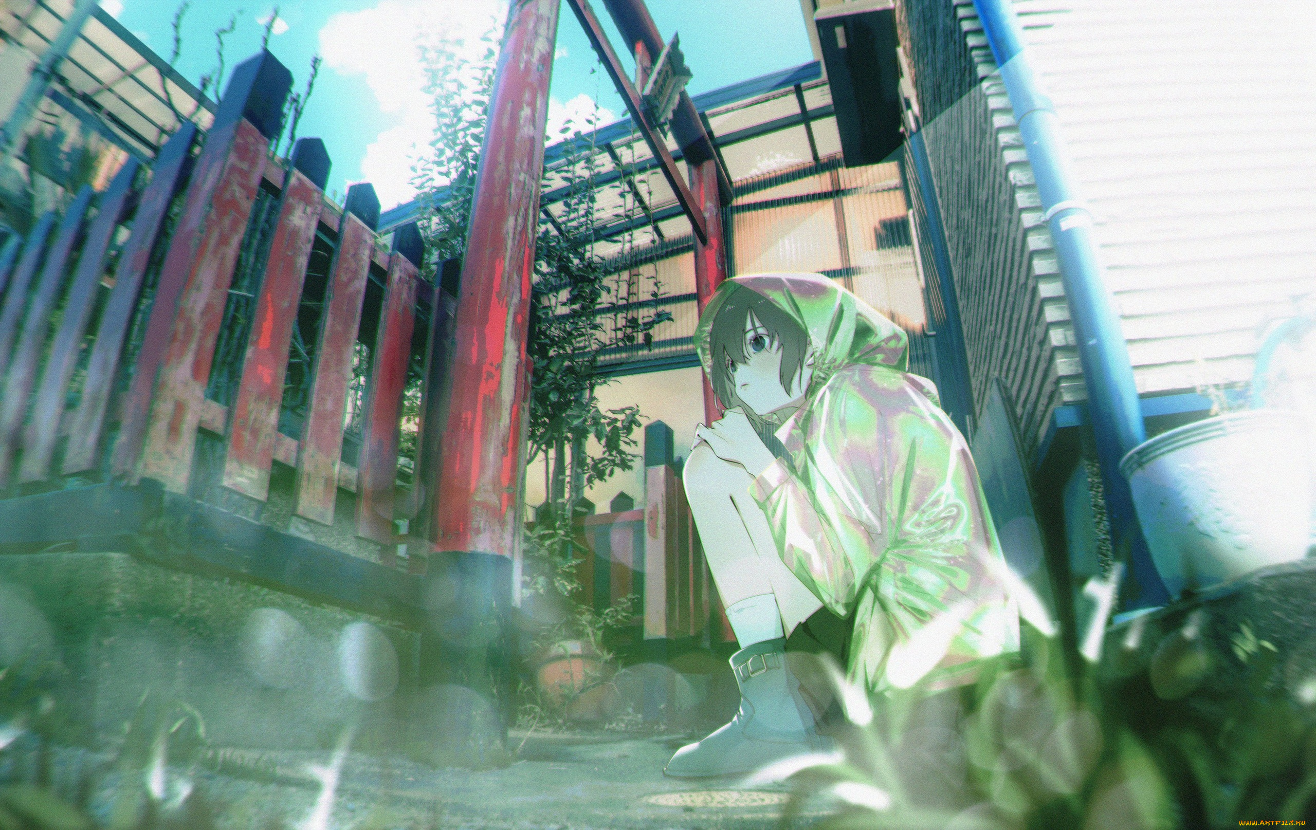 аниме, unknown, , другое, , девочка, плащ, здание, забор