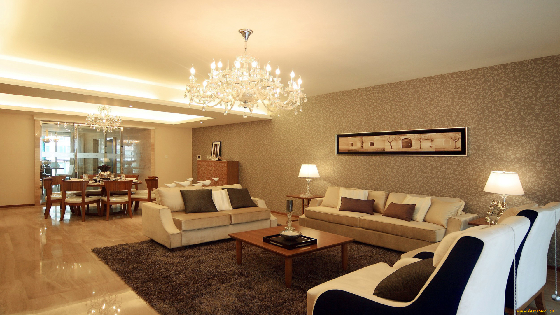 интерьер, гостиная, люстра, мягкий, уголок, диваны