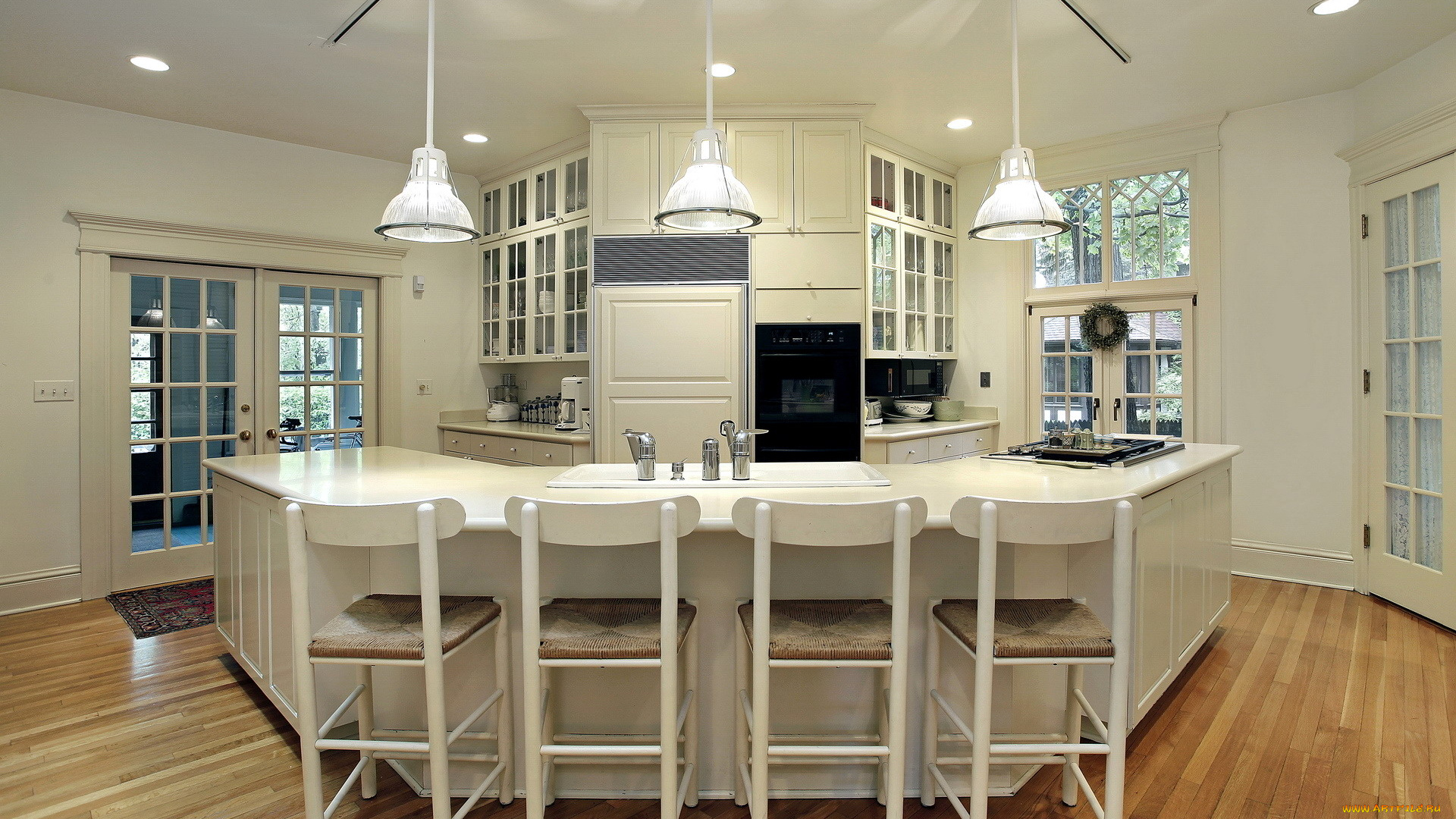 интерьер, кухня, лампы, стойка, плита