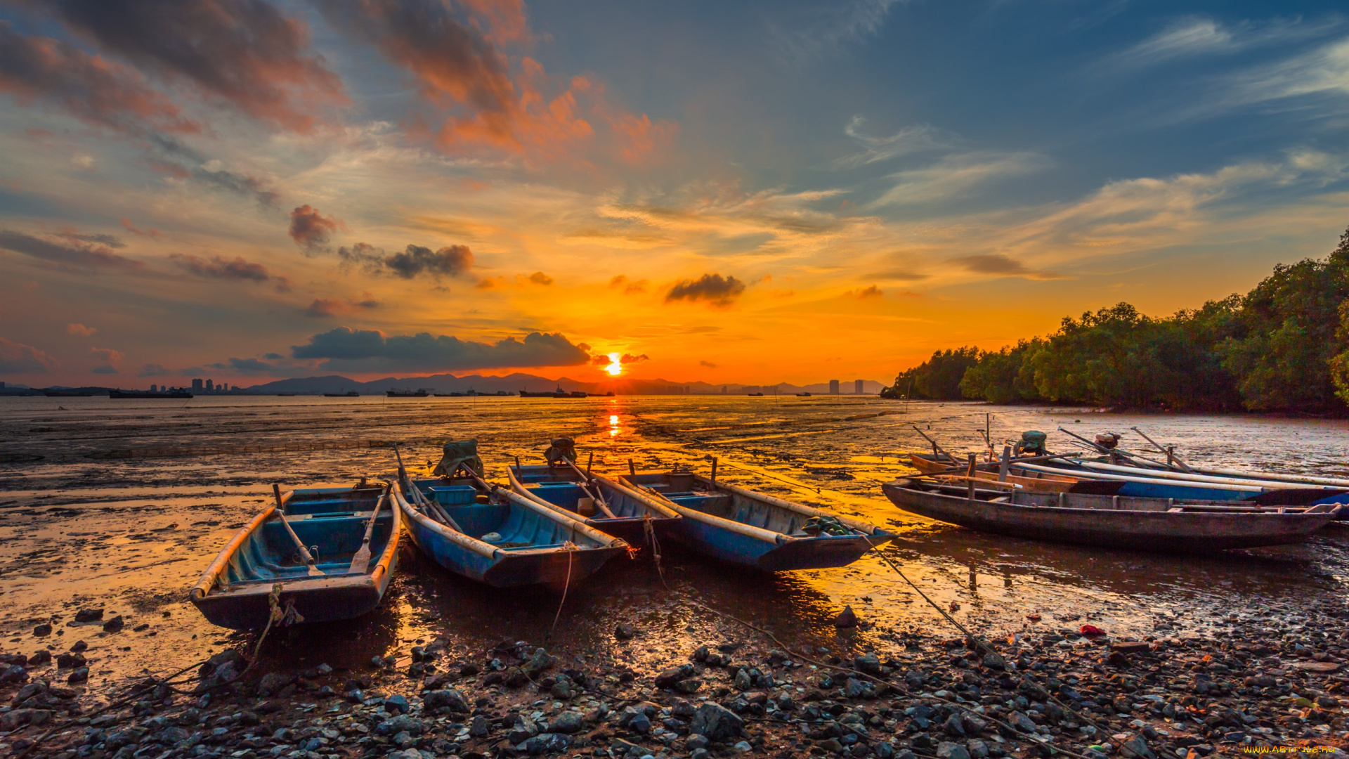 корабли, лодки, , шлюпки, закат