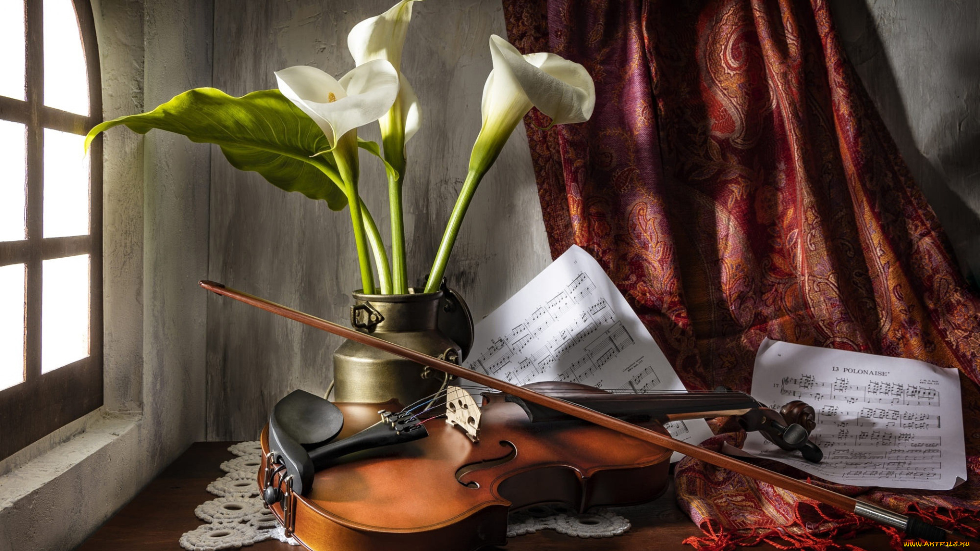 музыка, -музыкальные, инструменты, скрипка, ноты, каллы, букет
