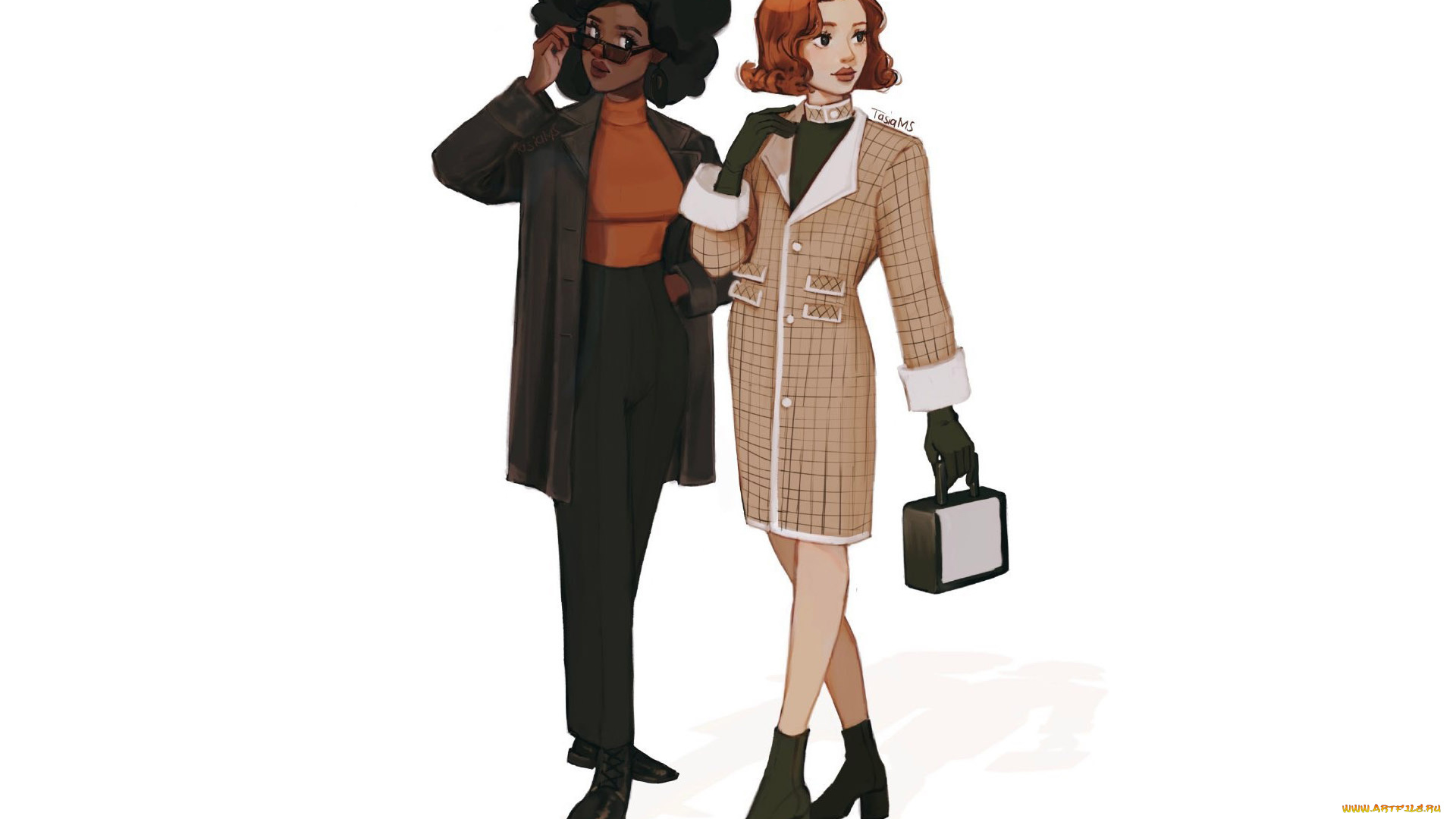 рисованное, люди, женщины, сумочка, очки