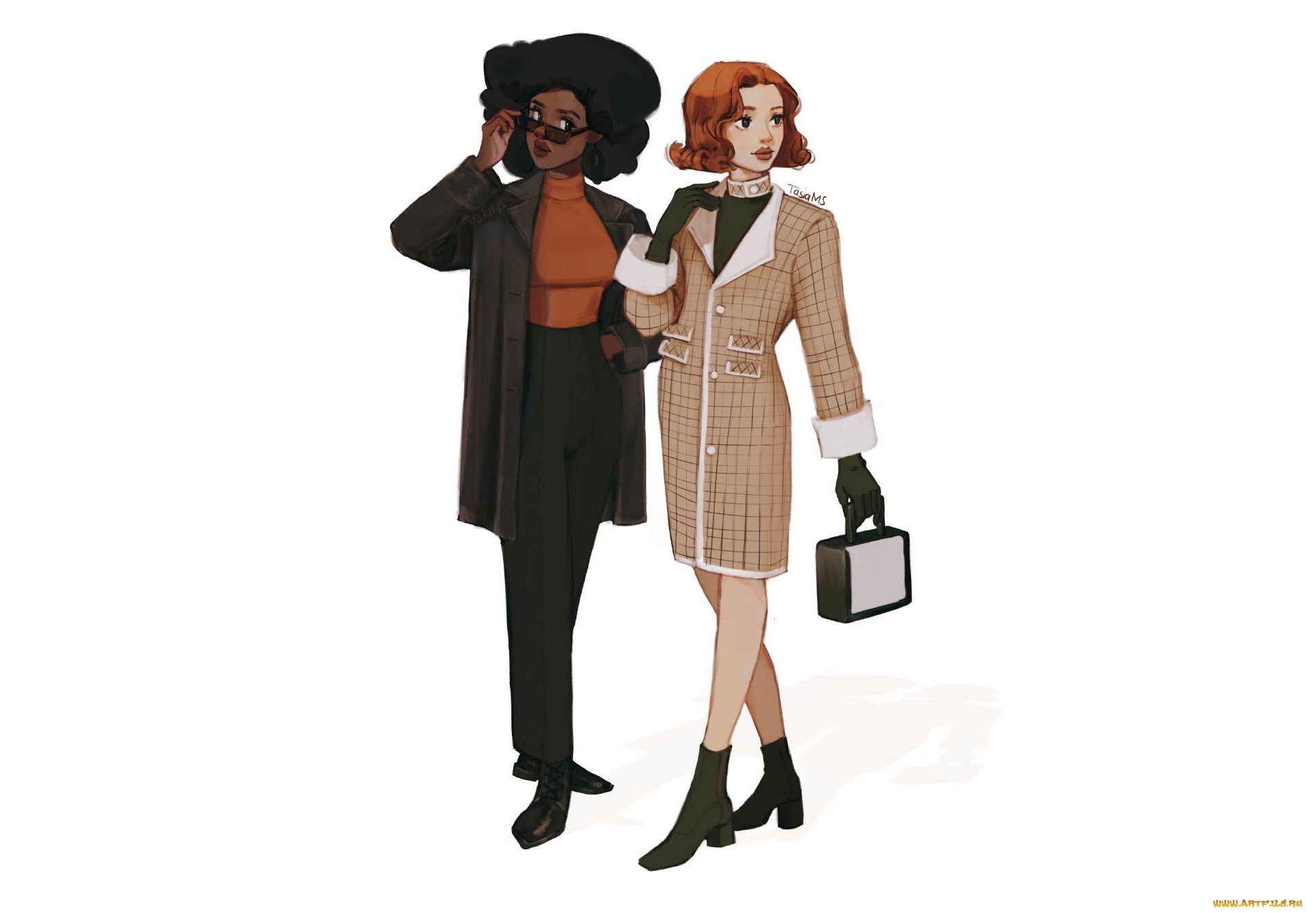 рисованное, люди, женщины, сумочка, очки