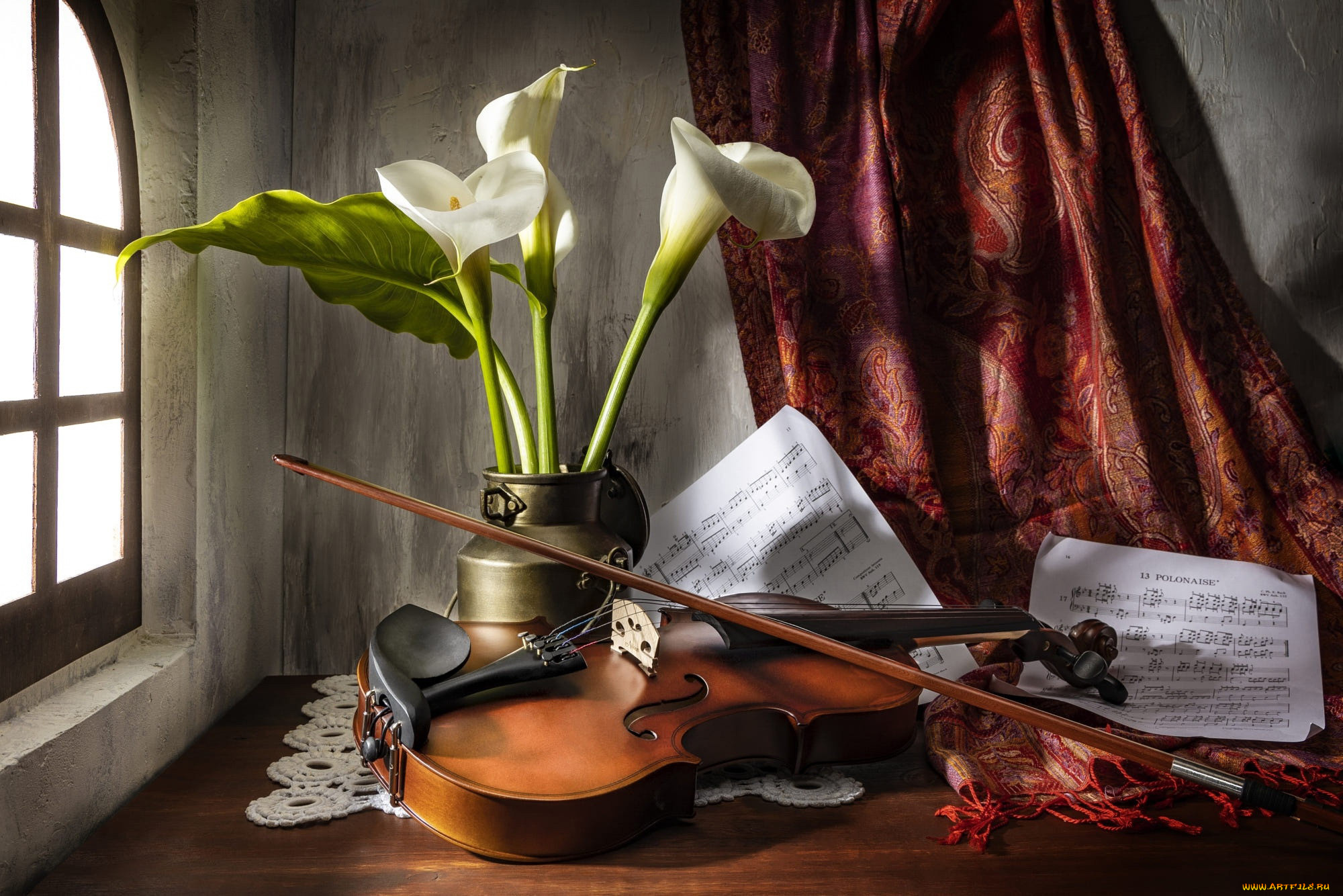 музыка, -музыкальные, инструменты, скрипка, ноты, каллы, букет
