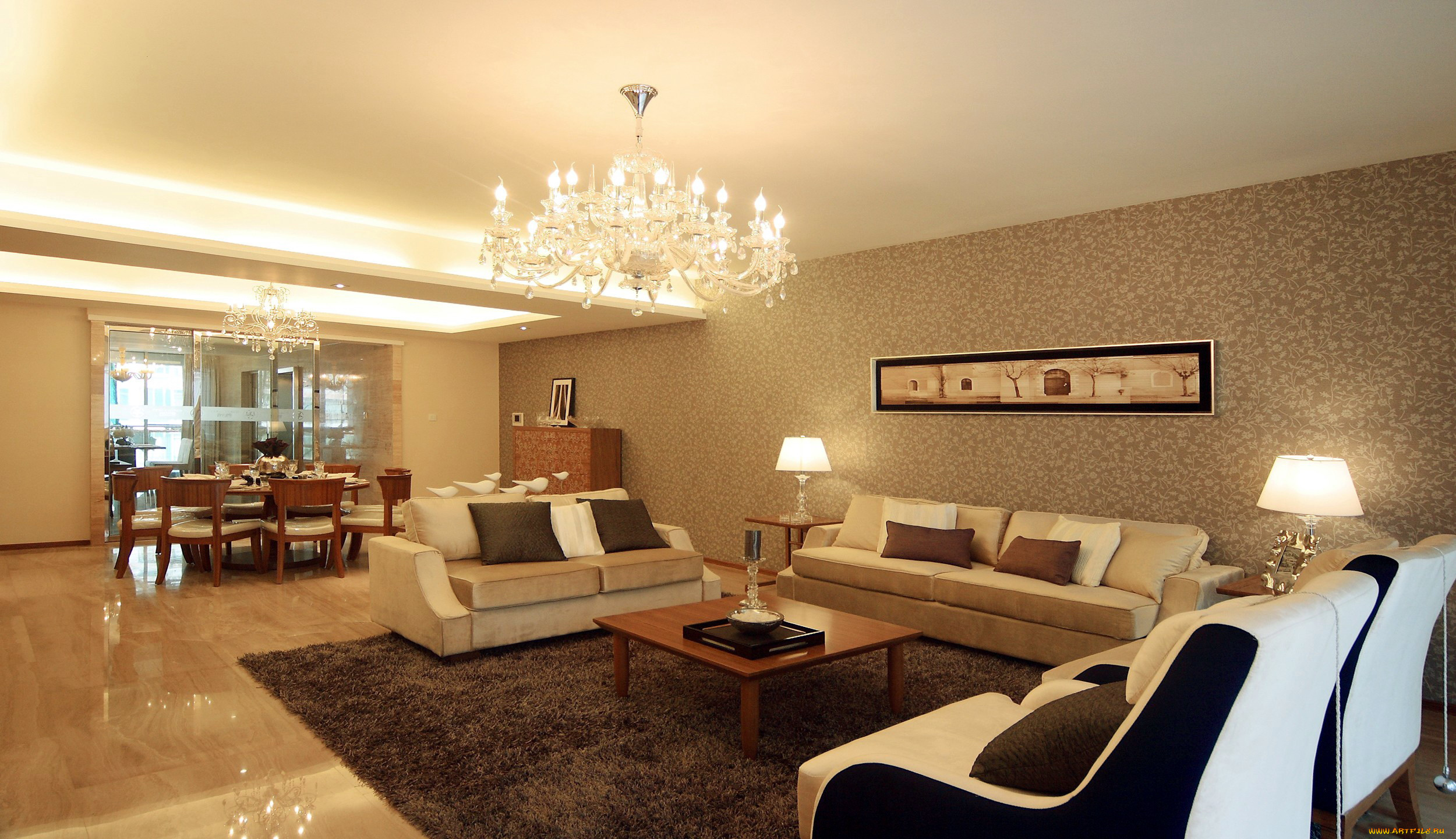 интерьер, гостиная, люстра, мягкий, уголок, диваны
