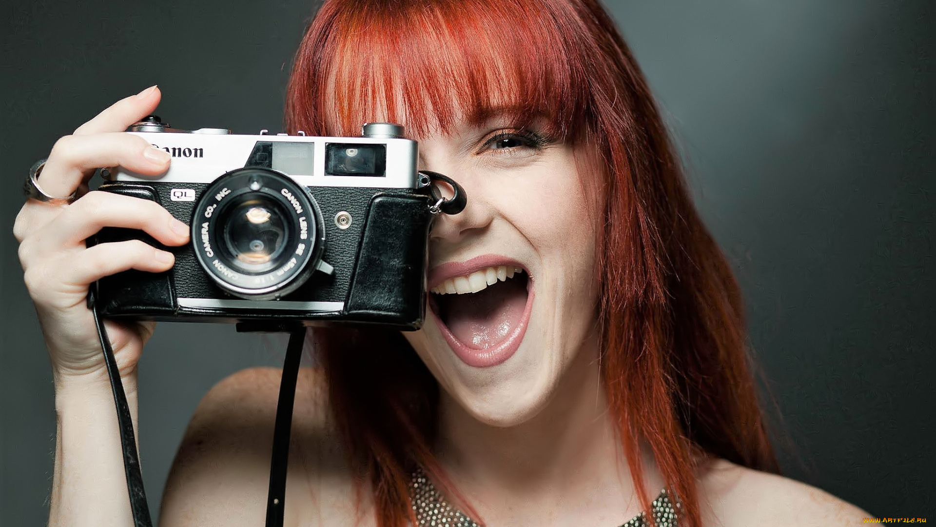 девушки, -, лица, , портреты, рыжая, лицо, фотоаппарат