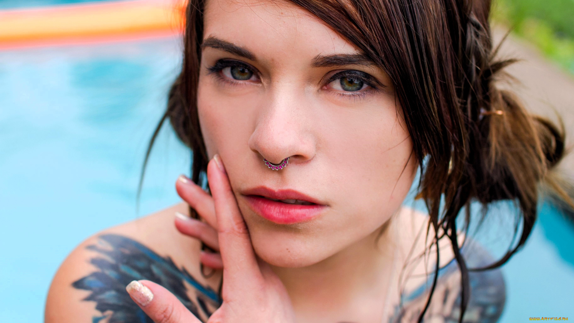 девушки, -, лица, , портреты, шатенка, лицо, бассейн, тату