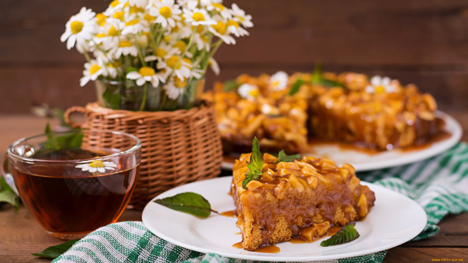 еда, пироги, букет, ромашки, пирог, чай