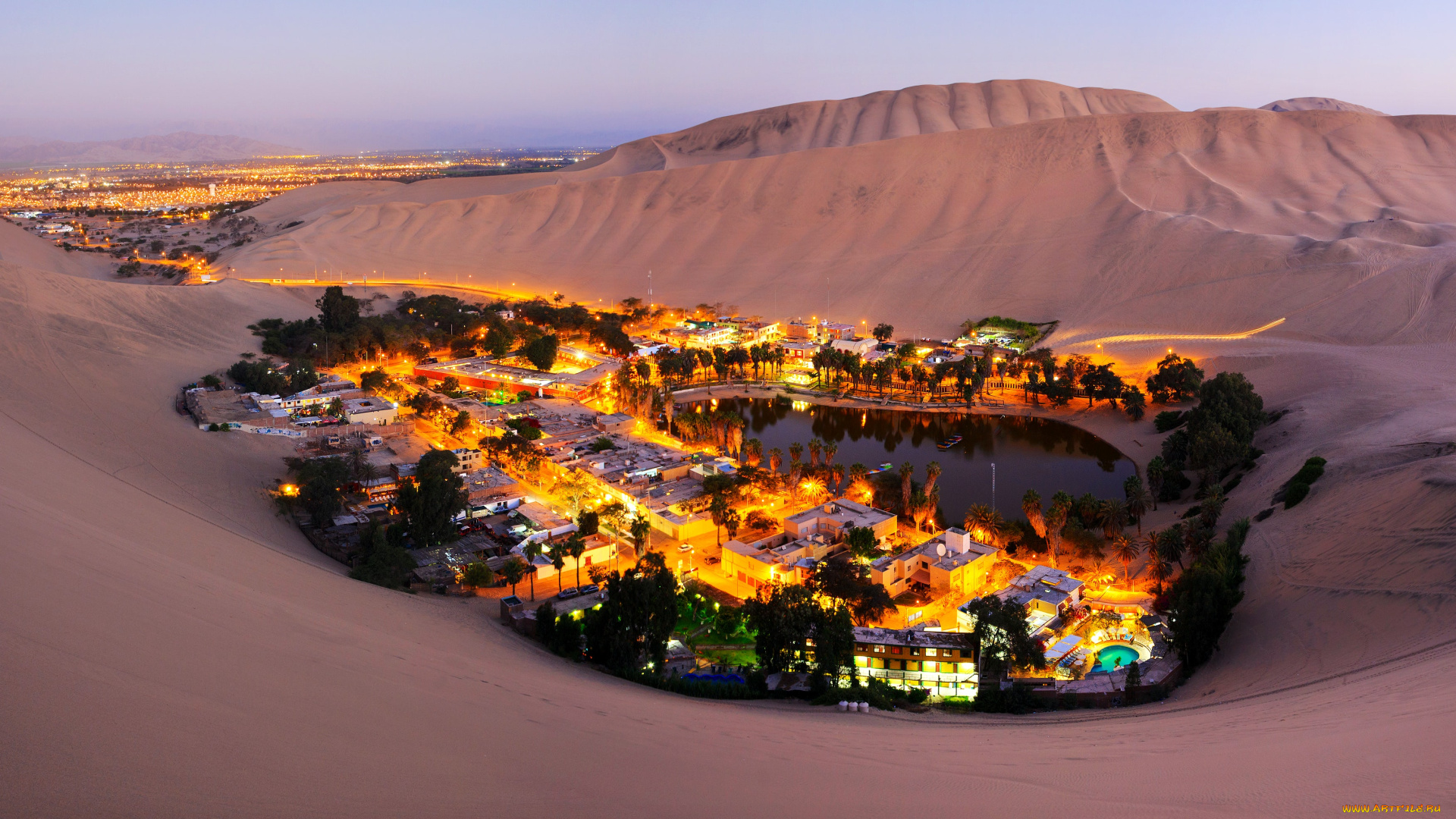 города, -, пейзажи, деревья, пустыня, перу, оазис, дюны, озеро, вечер, деревня, уличный, фонарь, пальмы, городской, вид