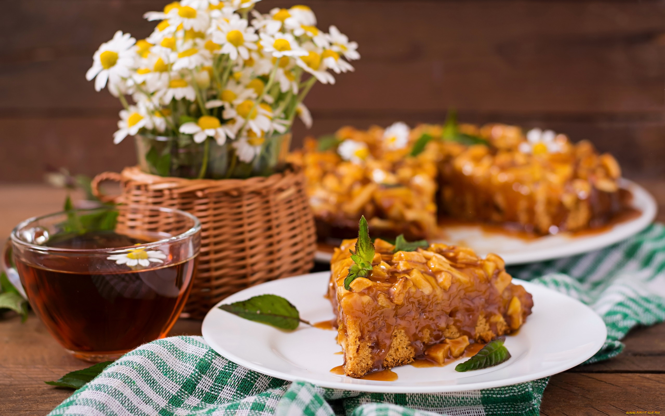 еда, пироги, букет, ромашки, пирог, чай