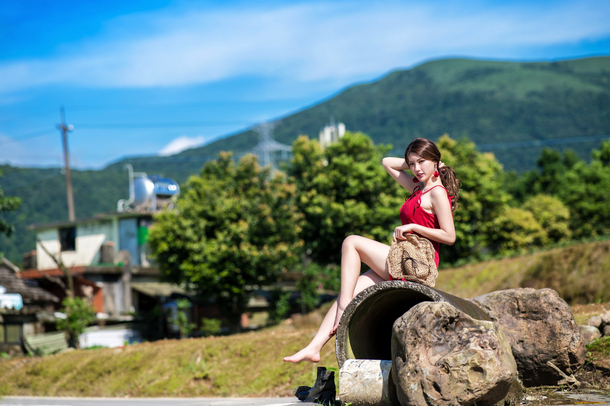 девушки, -, азиатки, азиатка, поза, шляпа