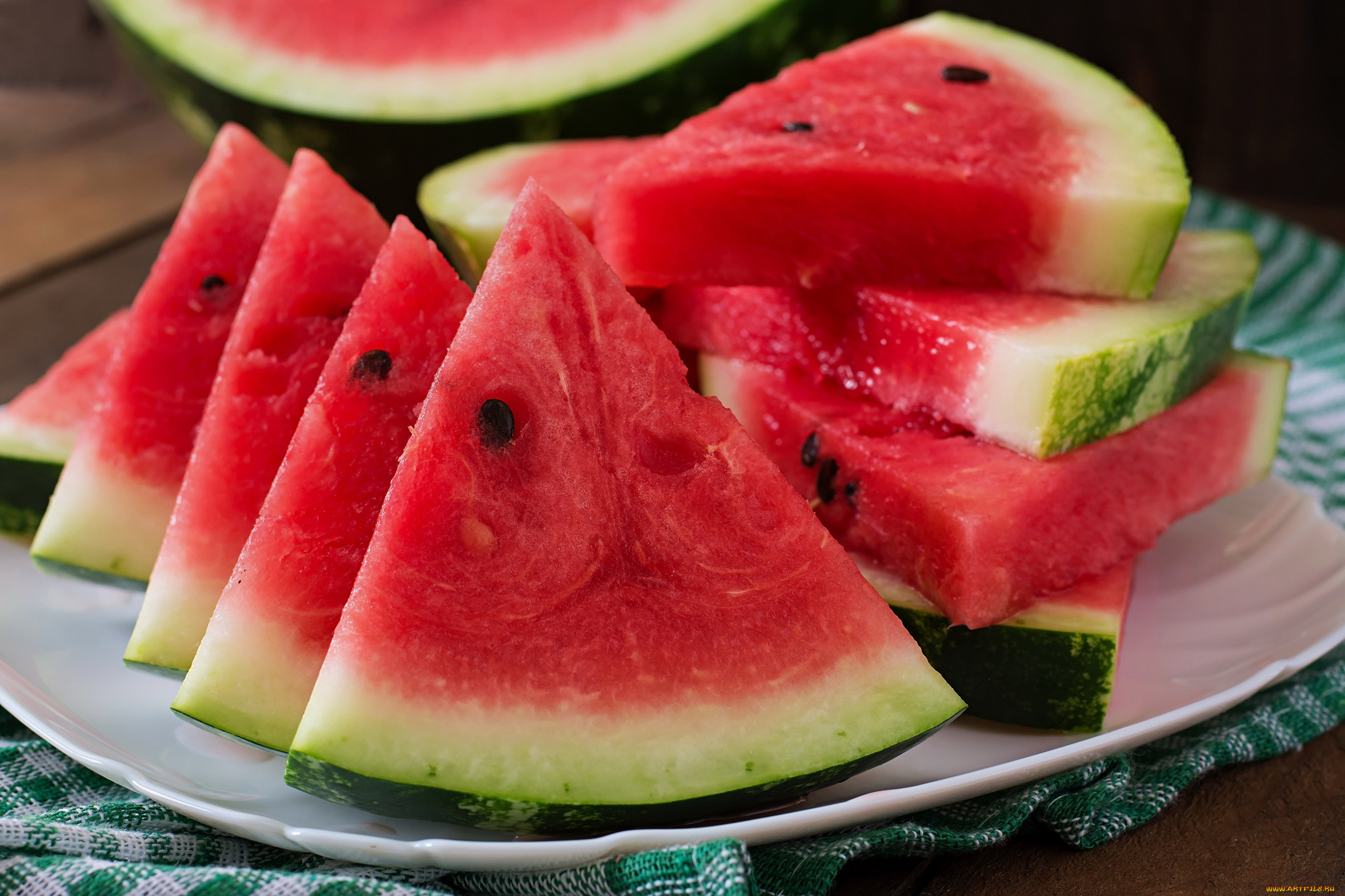 еда, арбуз, сочный, спелый, ломтики