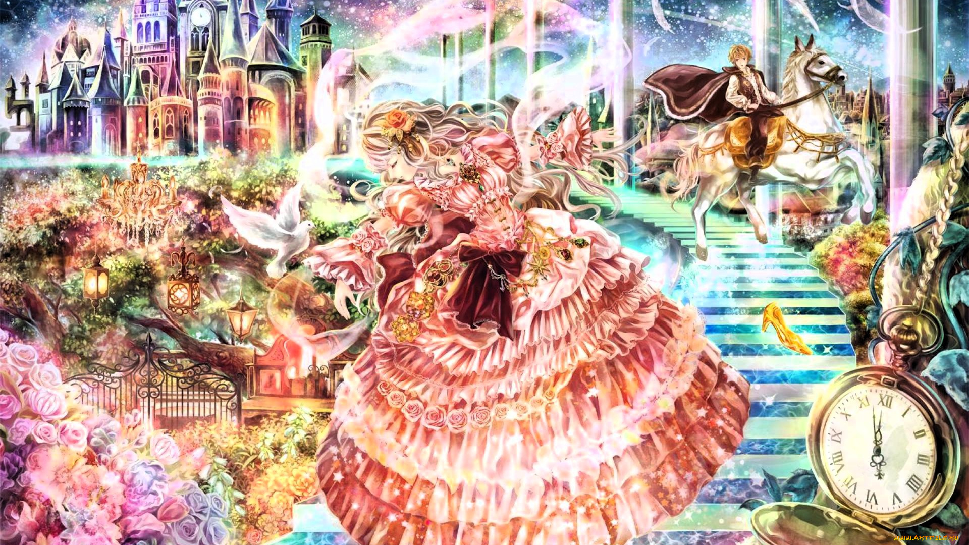 фэнтези, девушки, золушка, лестница, всадник, принц, туфелька, часы, замок, сад