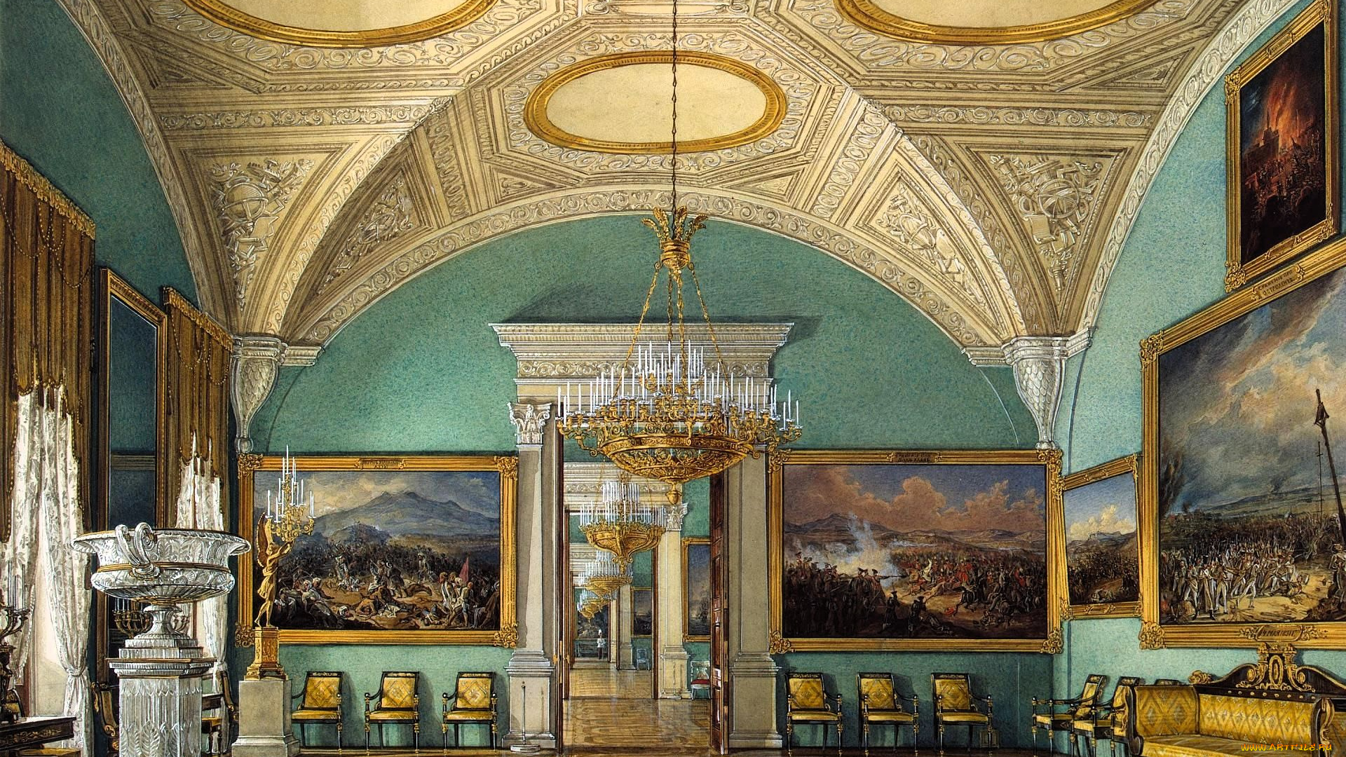 рисованное, эдуард, гау, интерьер, комната, дворец, зал, люстра, свод, лепнина, картины, паркет, стулья