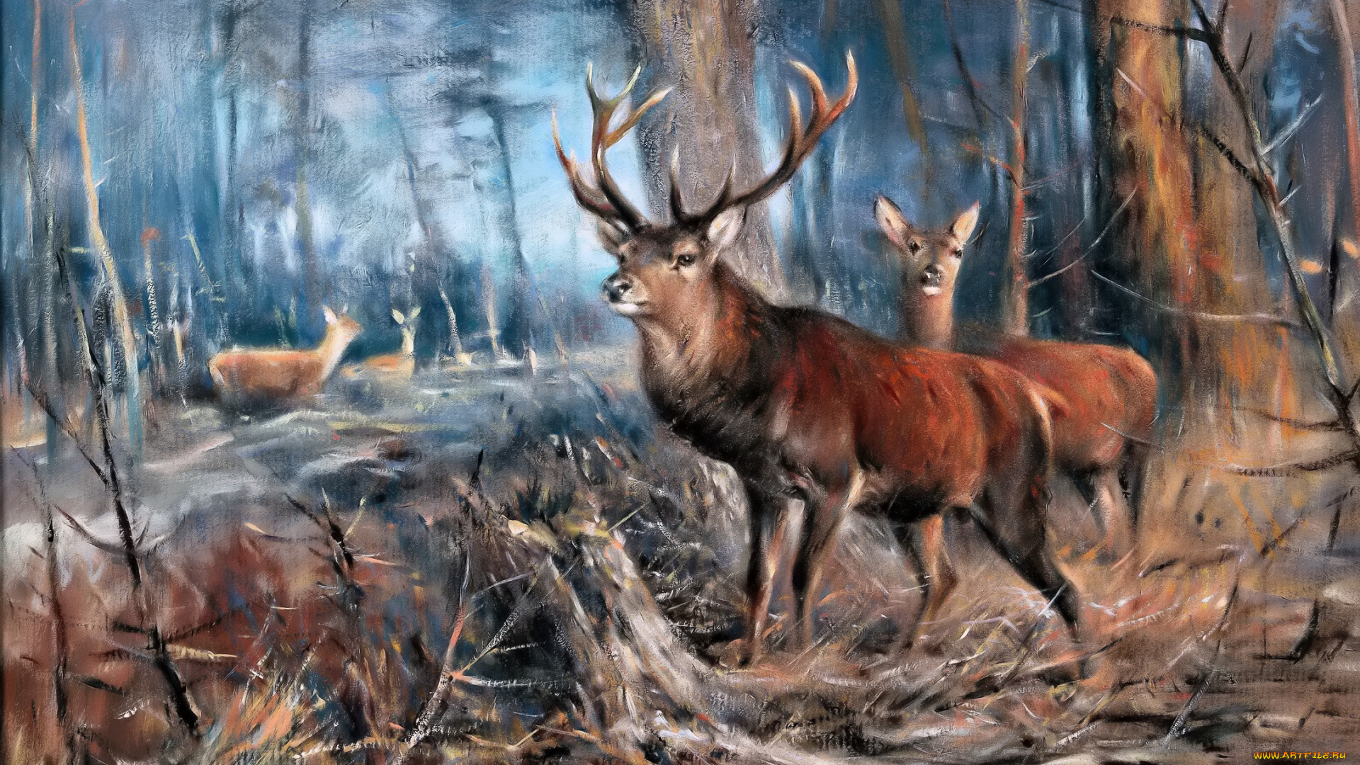 рисованное, живопись, лес, осень, олени, стадо, валежник