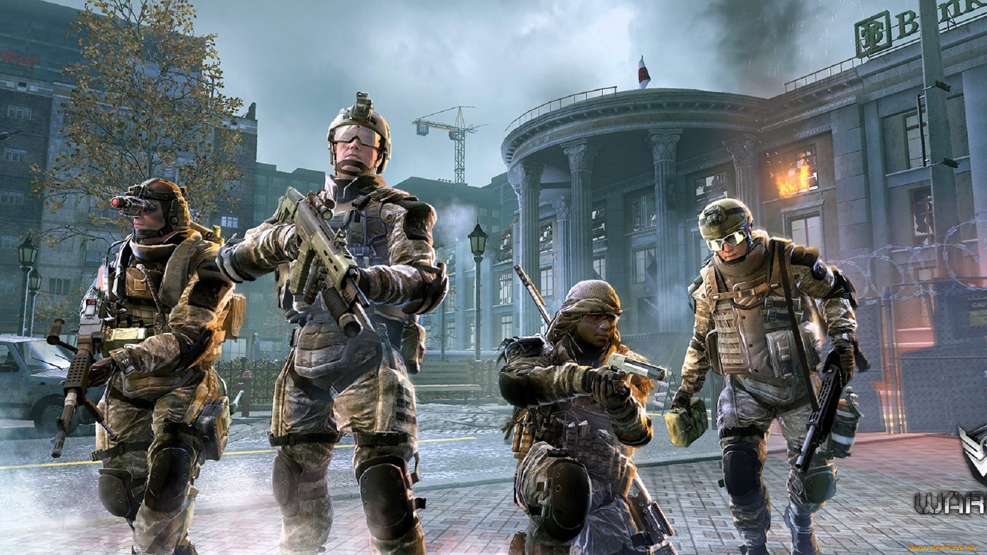 видео, игры, warface, город, дома, здания, статуя, дерево, осень, спецназ, форма, оружие, аптечка, огонь, кран