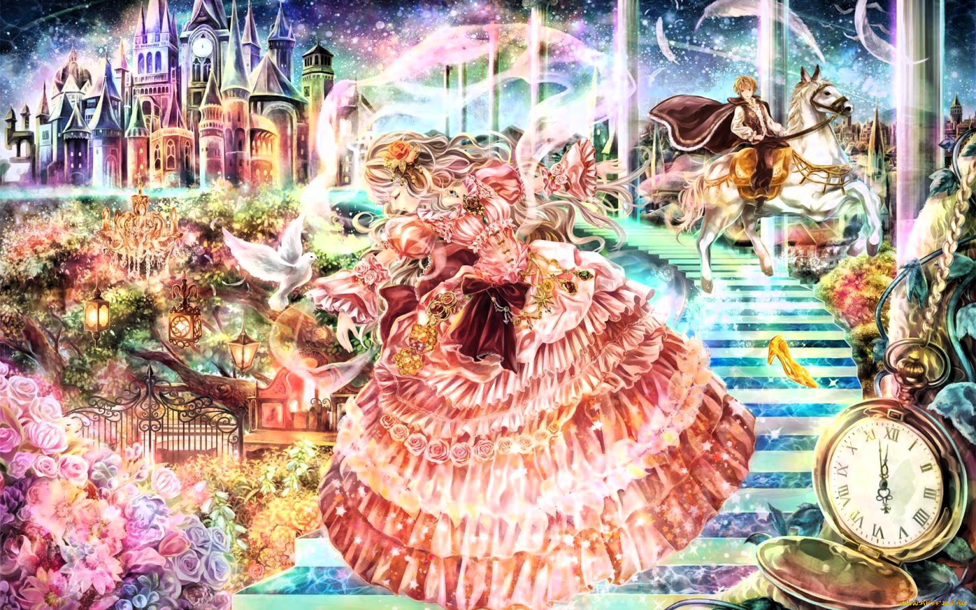 фэнтези, девушки, золушка, лестница, всадник, принц, туфелька, часы, замок, сад