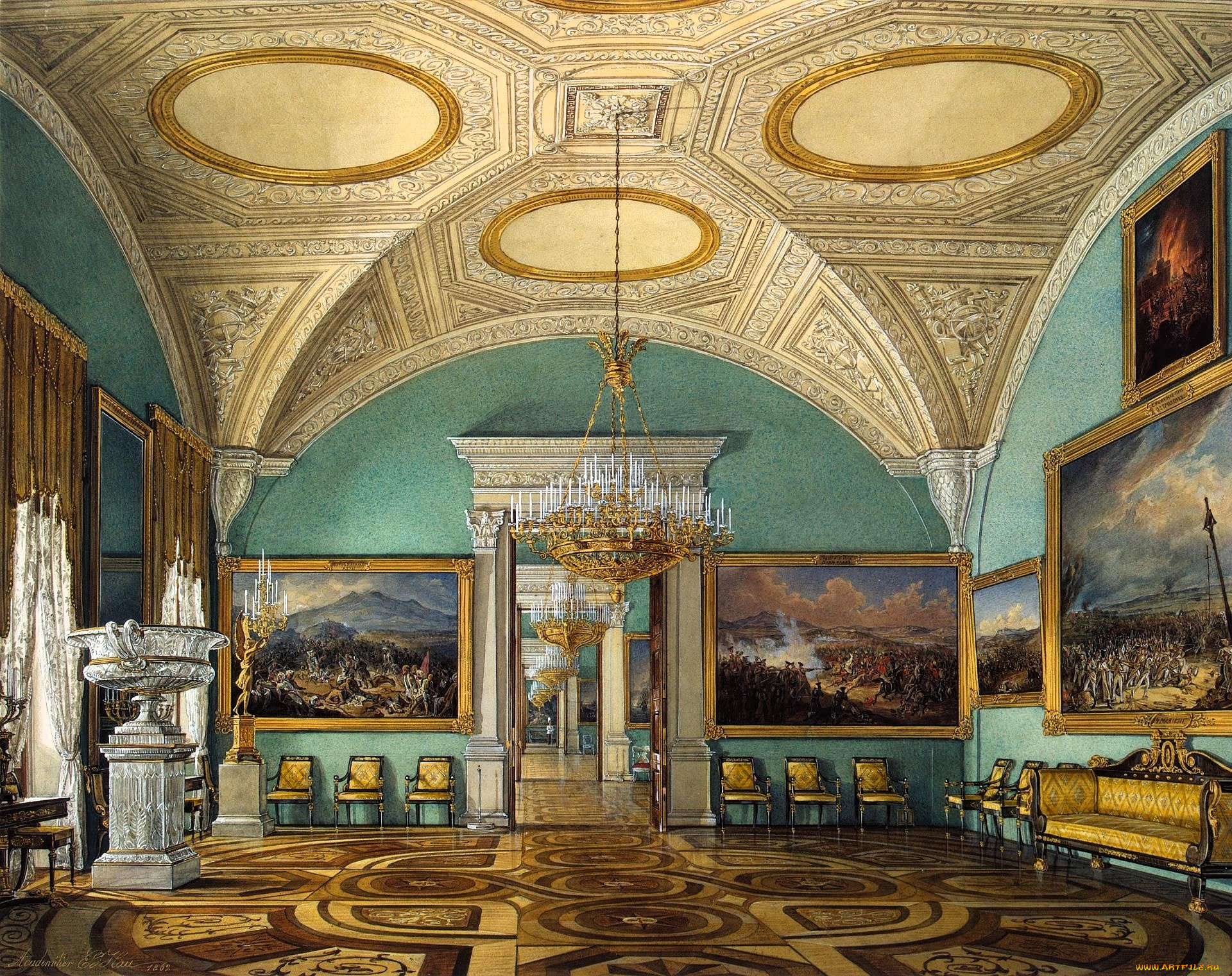 рисованное, эдуард, гау, интерьер, комната, дворец, зал, люстра, свод, лепнина, картины, паркет, стулья