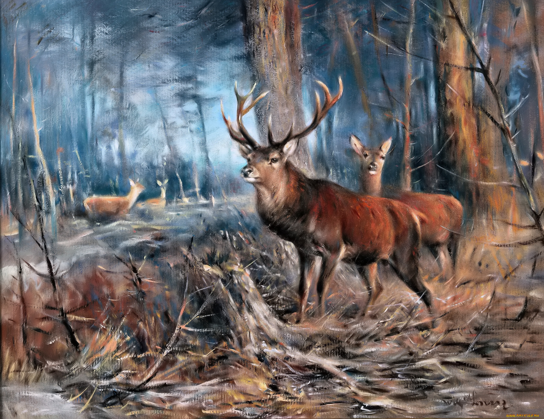 рисованное, живопись, лес, осень, олени, стадо, валежник