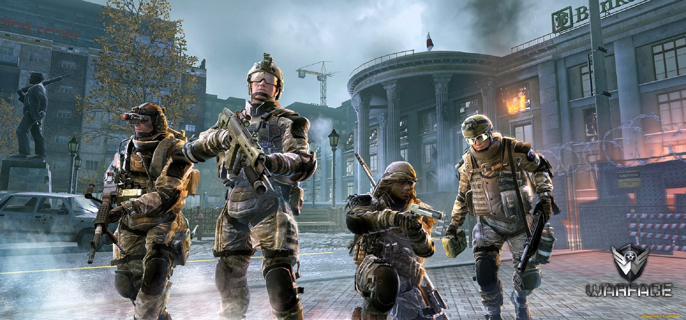 видео, игры, warface, город, дома, здания, статуя, дерево, осень, спецназ, форма, оружие, аптечка, огонь, кран