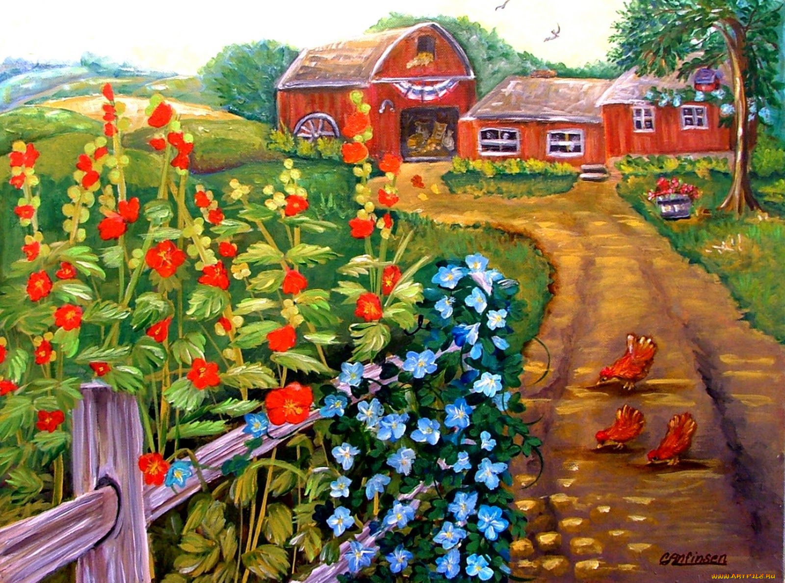 рисованные, природа, дворик