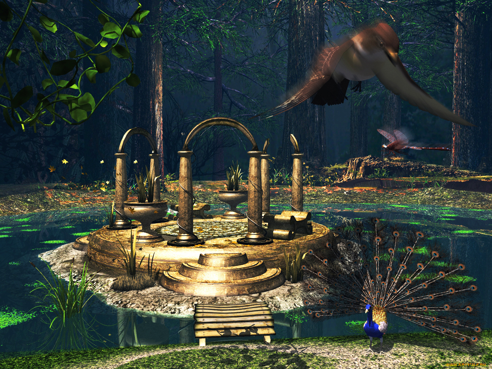 3д, графика, fantasy, фантазия, водв, лес, птицы